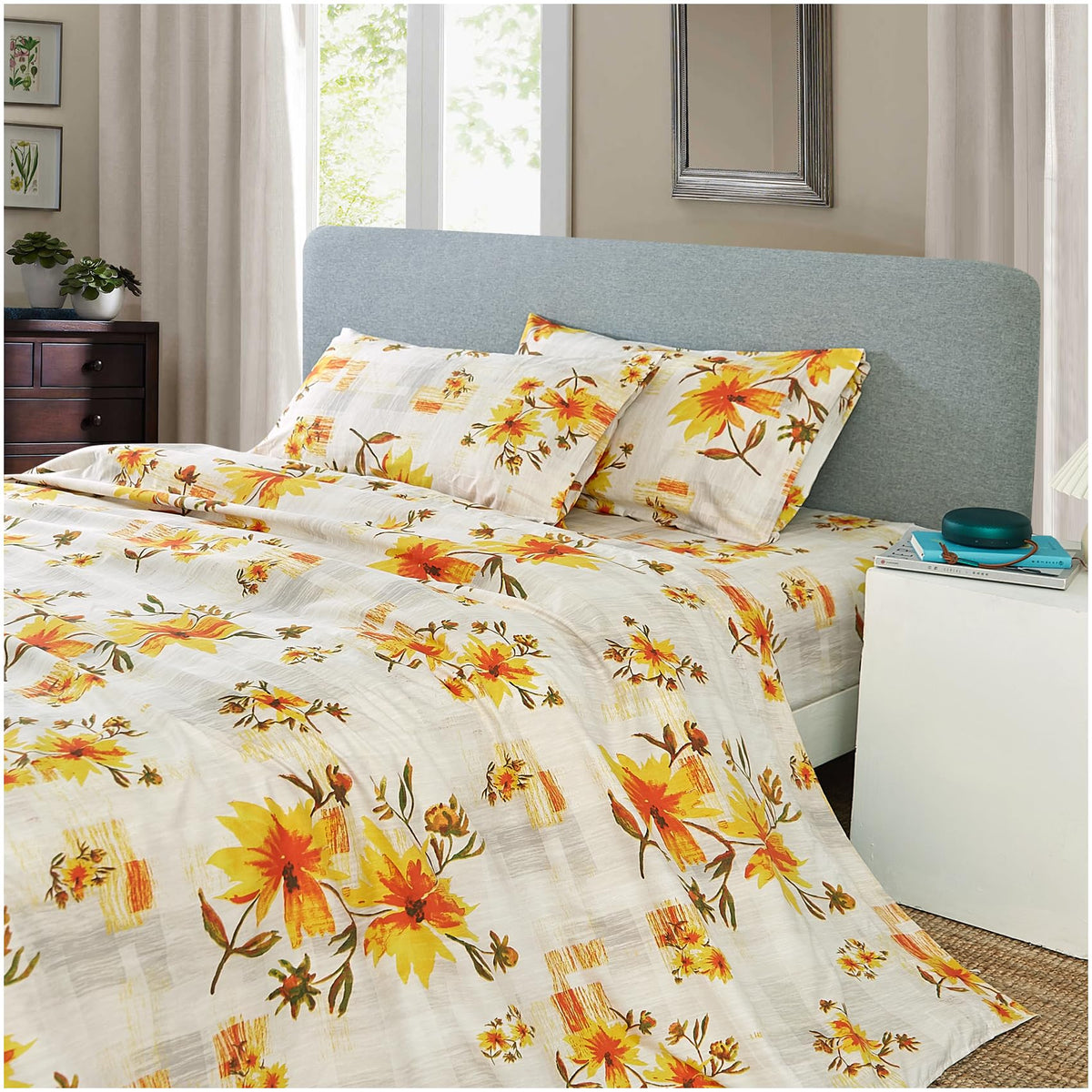 Jsd Rustic Yellow Floral Sheet Set Cal King, 4 Piece Printed Microfiber Bedding Sheets Extra Deep Pocket