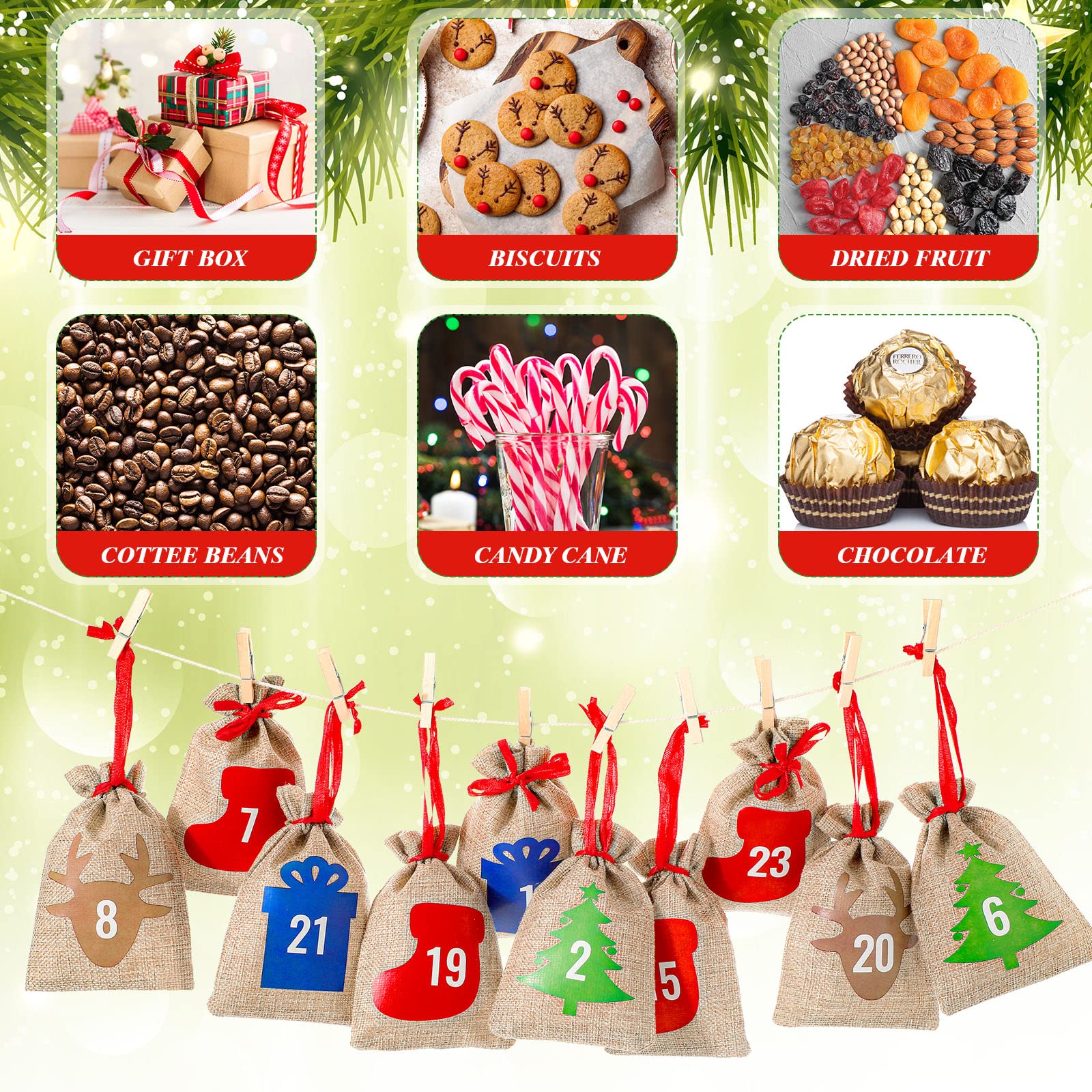 24 Pcs Christmas Advent Calendar Bags 24 Days Burlap Countdown Calendar Bags 4X6 Inch Drawstring Gift Bag Pouches With Xmas Mini