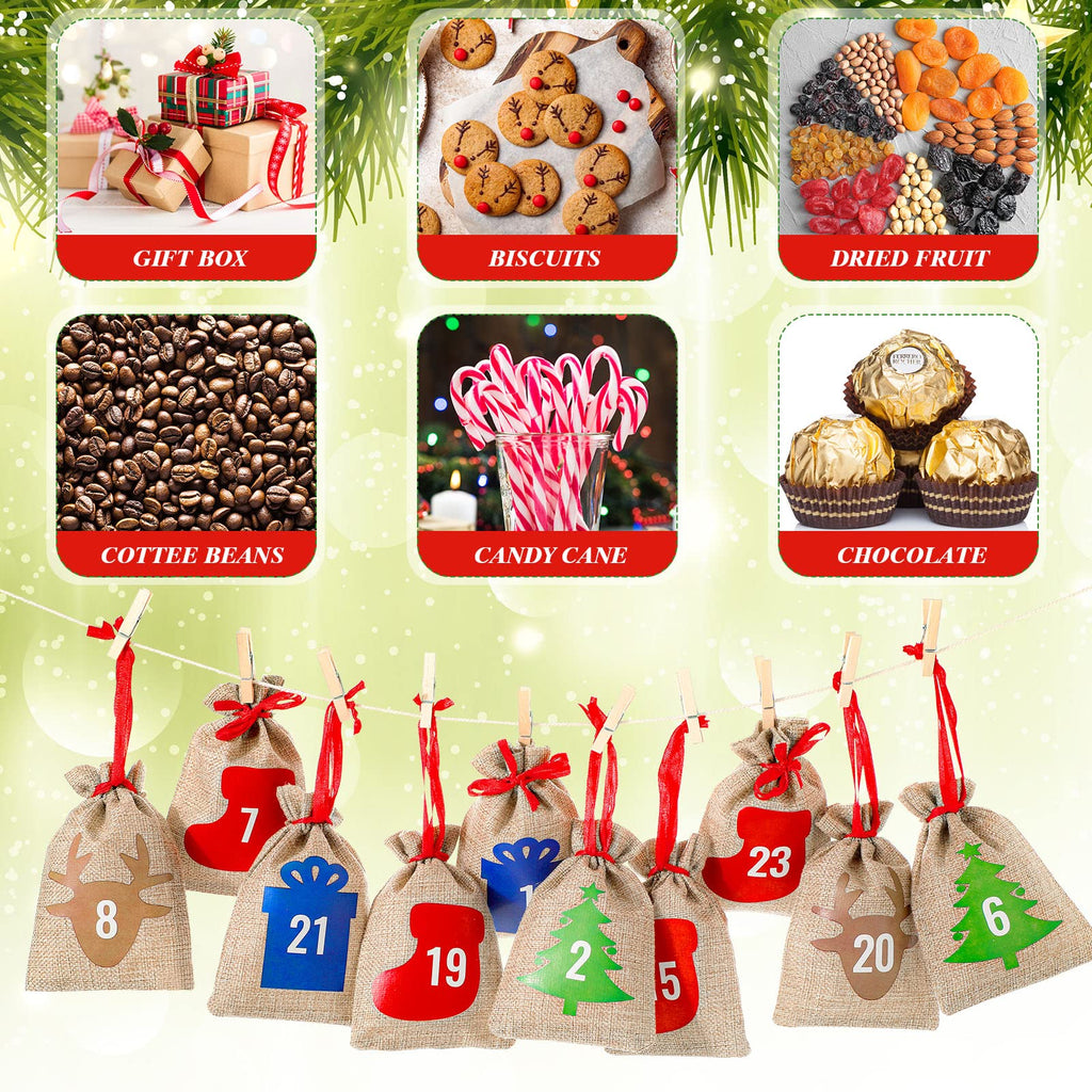24 Pcs Christmas Advent Calendar Bags 24 Days Burlap Countdown Calendar Bags 4X6 Inch Drawstring Gift Bag Pouches With Xmas Mini