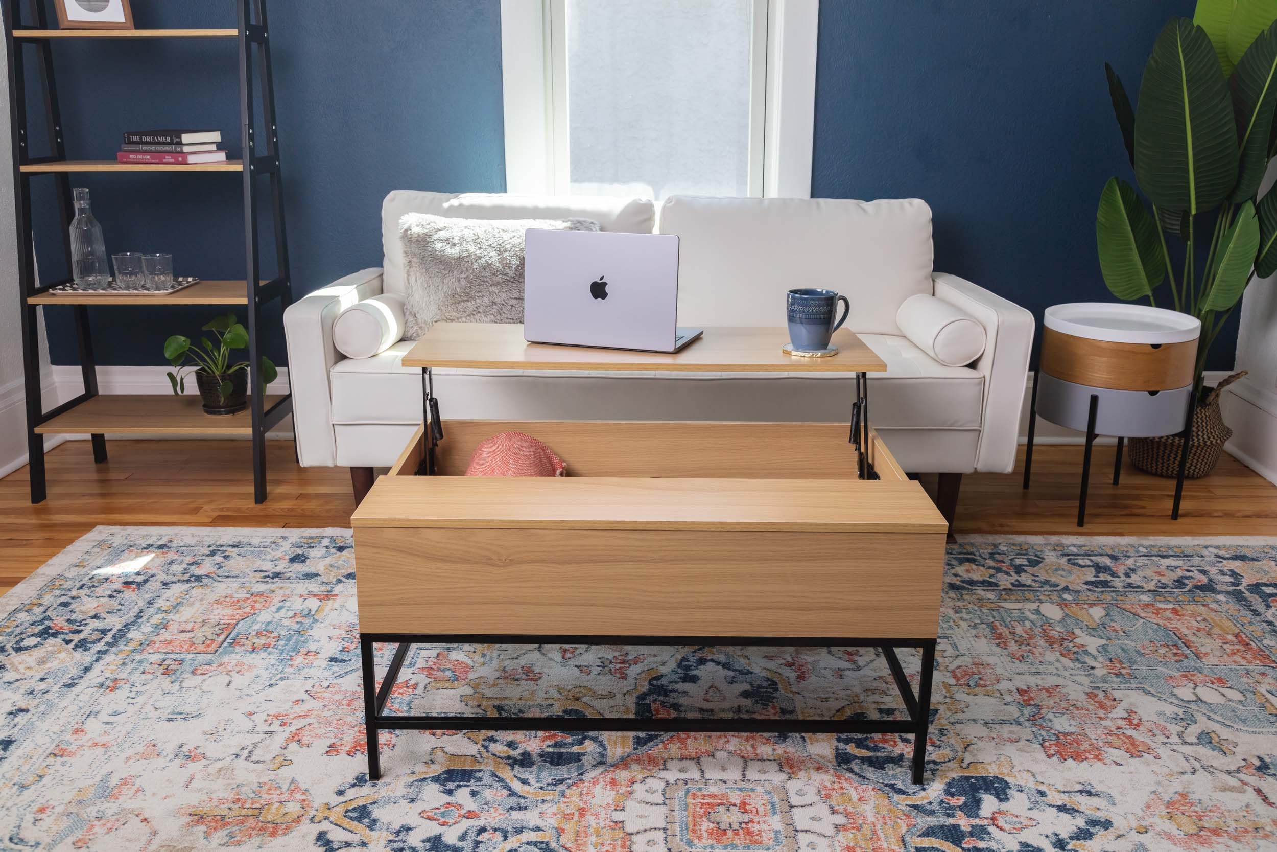 Safco Products EC8993 Lift Top Coffee Table with Hidden Storage & Organization for Living Room, Apartment and Dorm Rooms. Black Steel Base, Light Wood Top