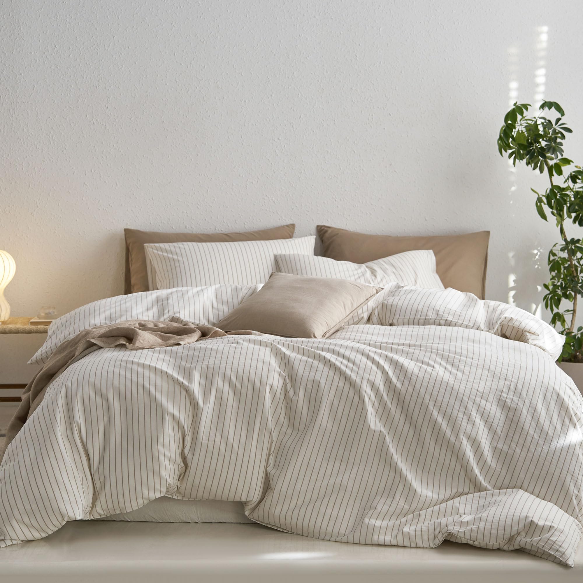 Moomee Striped Duvet Cover Set 100% Washed Cotton Linen Like Textured Breathable Durable Soft Comfy (White Tannish Linen Grey Wi