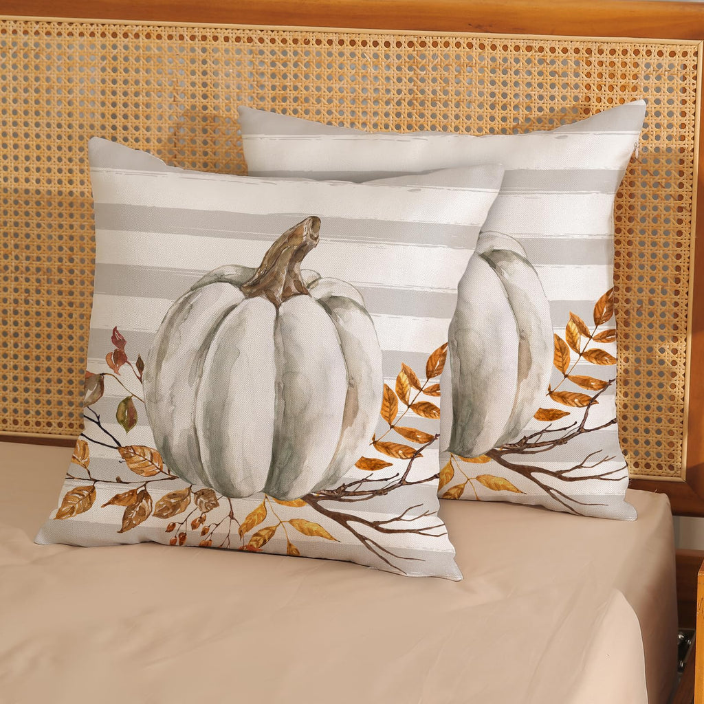 Fall Pillow Covers 16X16 Gray Stripes Pumpkin Decor Throw Pillows Case For Couch Maple Leaves Autumn Harvest Indoor Outdoor Deco