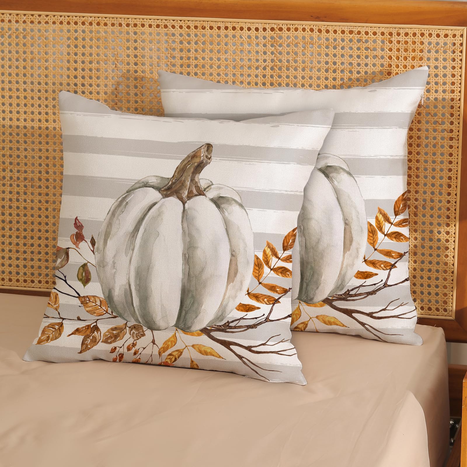 Fall Pillow Covers 16X16 Gray Stripes Pumpkin Decor Throw Pillows Case For Couch Maple Leaves Autumn Harvest Indoor Outdoor Deco