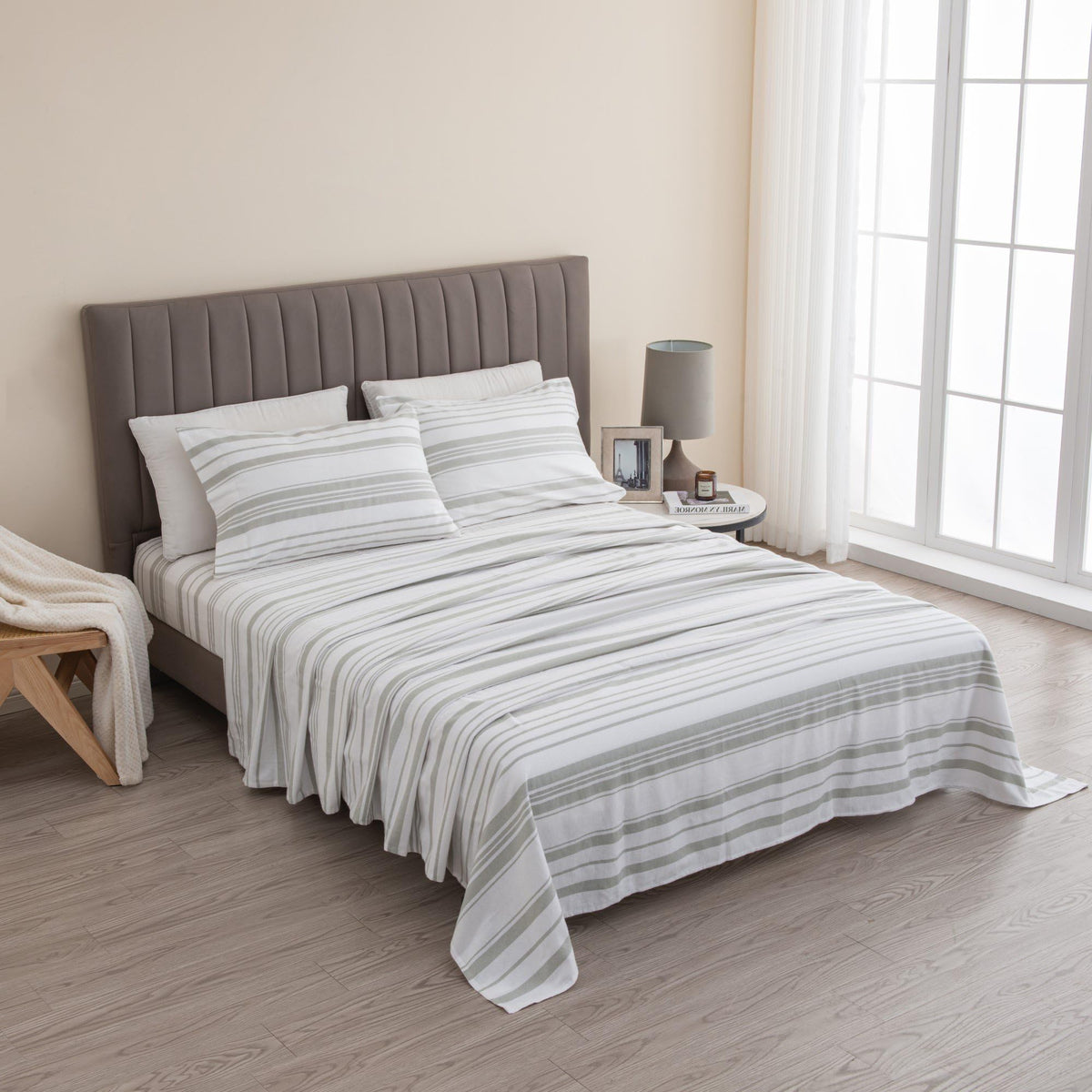 4 Piece 100% Turkish Cotton Full Grey Stripe Winter Flannel Sheet Set | Cotton Printed Bedding Sheets & Pillowcases | Double-Bru