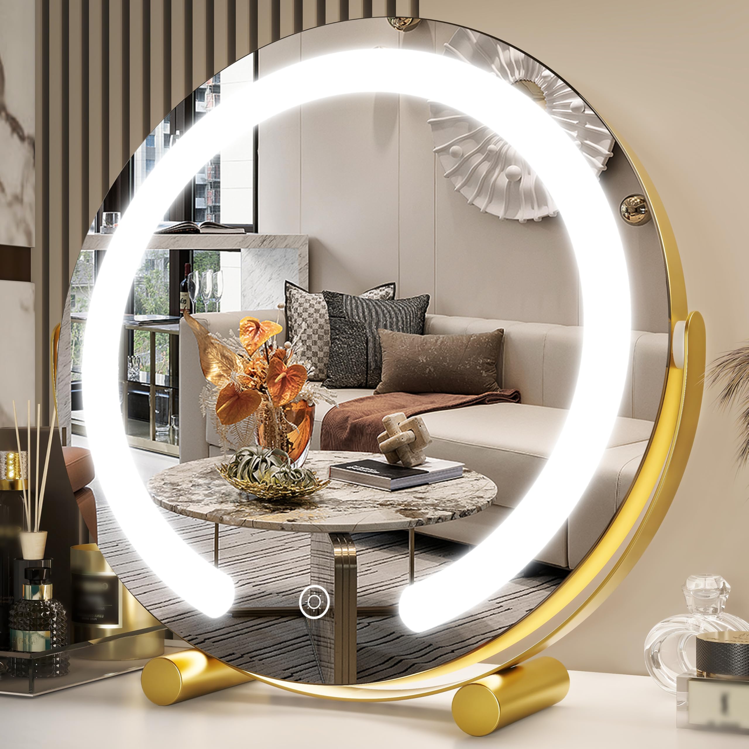 FENNIO Vanity Mirror with Lights, 13 inch COB LED Lighted Makeup Mirror, Round Makeup Mirror with Lights with 3-Color Lighting, 