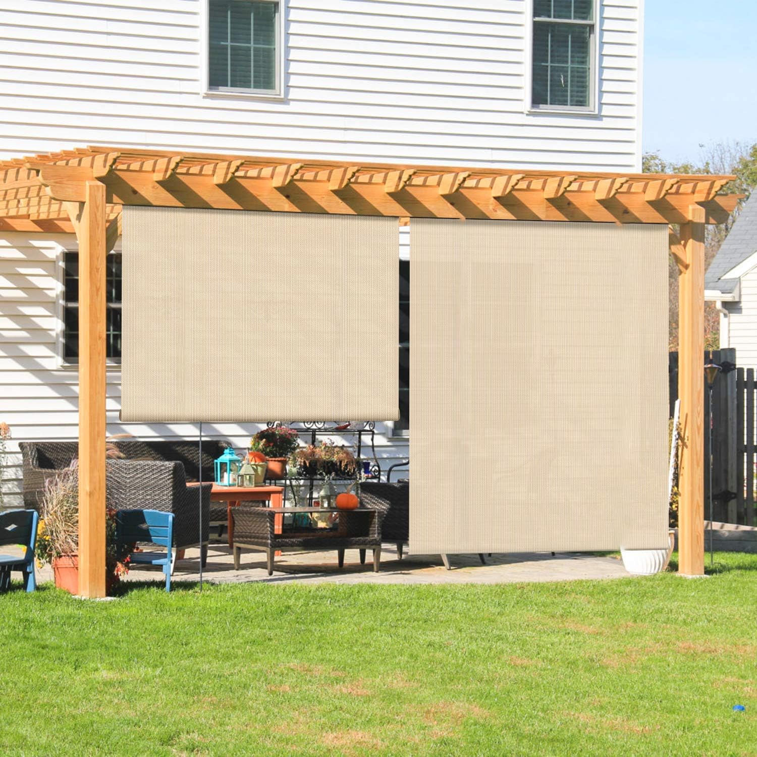 Coarbor Outdoor Roll Up Shades Blinds For Porch Pergola Deck Patio Shade Exterior Roller Shade Privacy Shade Screen Beige 7 'W X