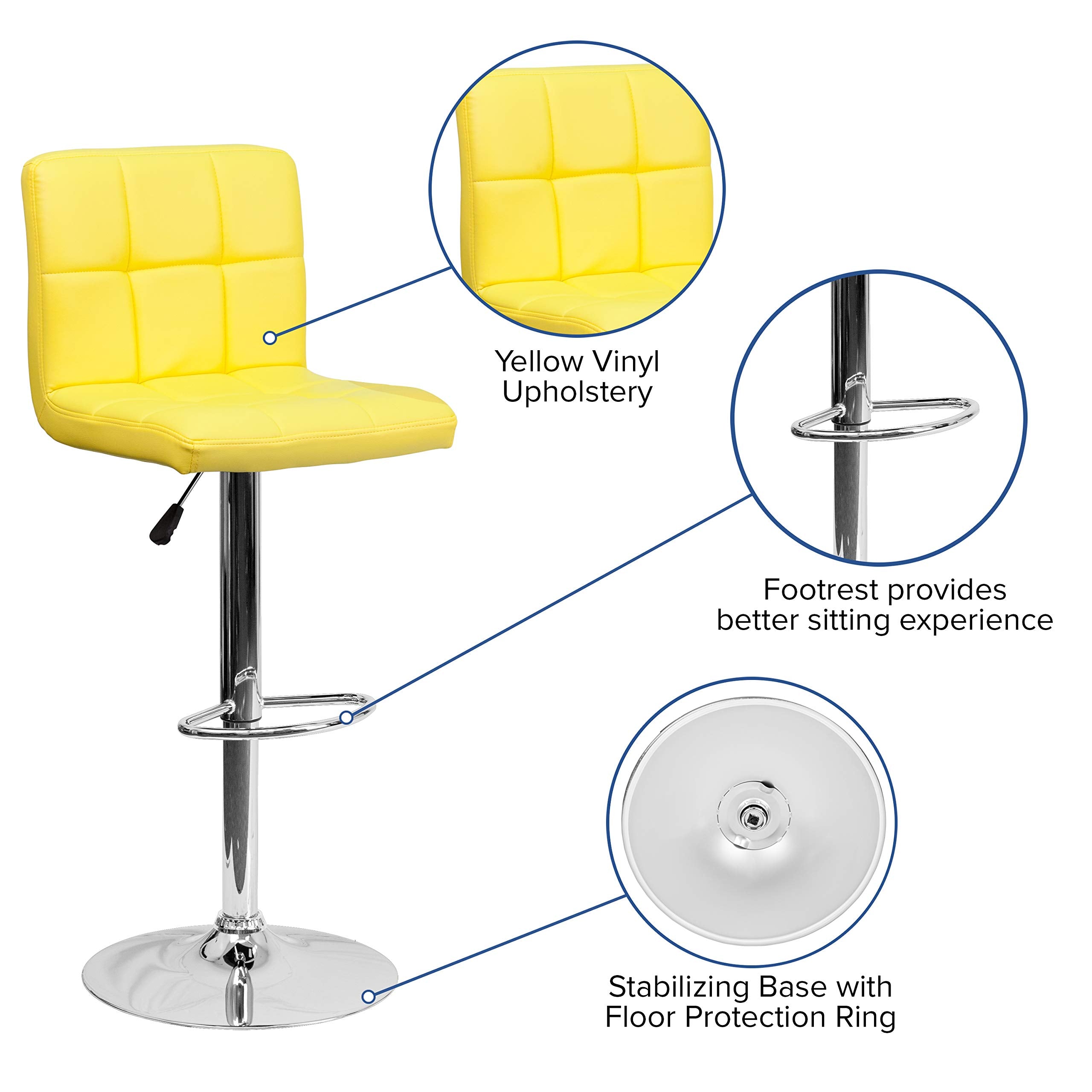 Flash Furniture Kathleen Contemporary Yellow Quilted Vinyl Adjustable Height Barstool with Chrome Base