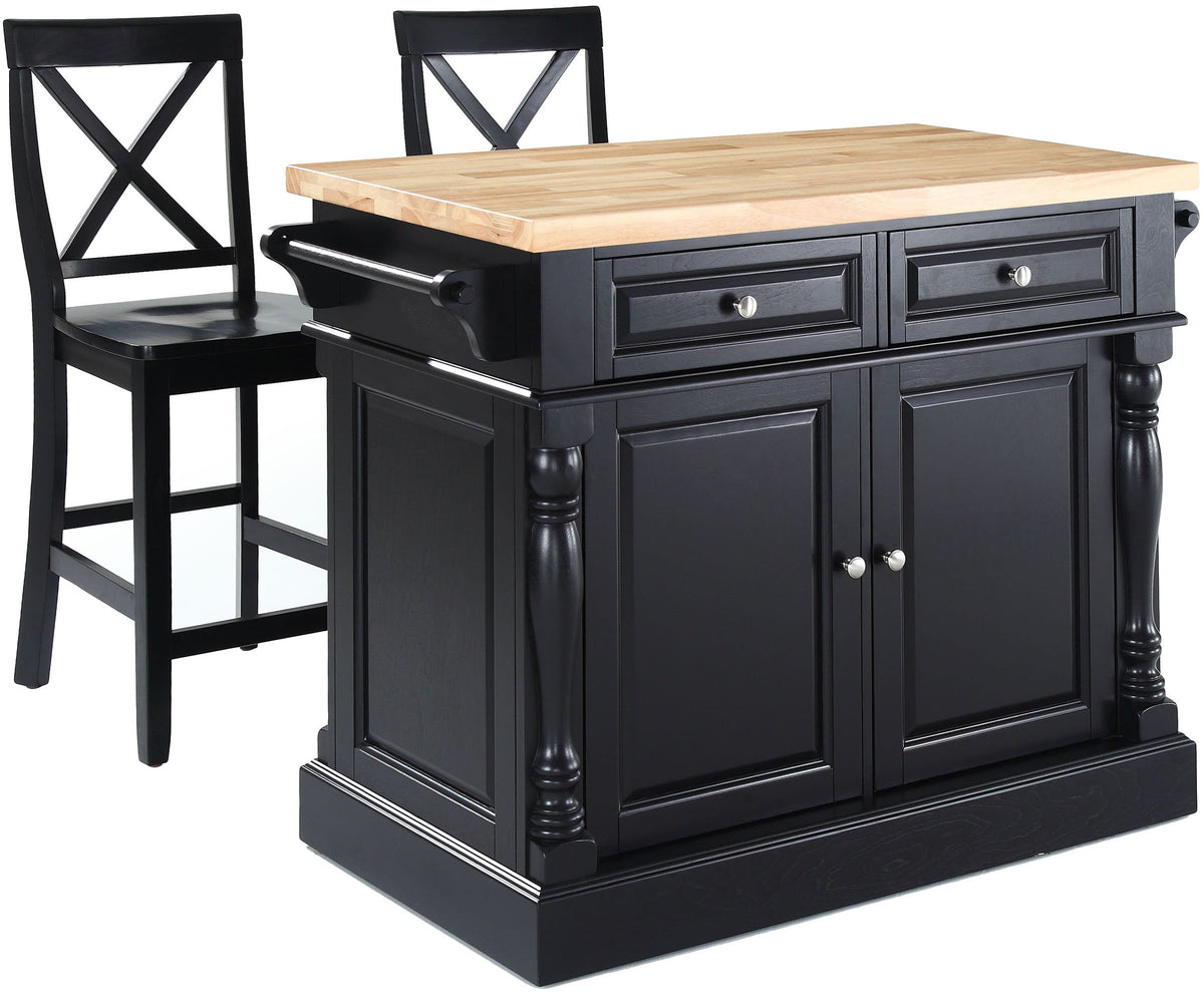 Crosley Furniture Oxford Butcher Block Kitchen Island, Coffee Bar, with a Set of 2 X-Back Stools, Black