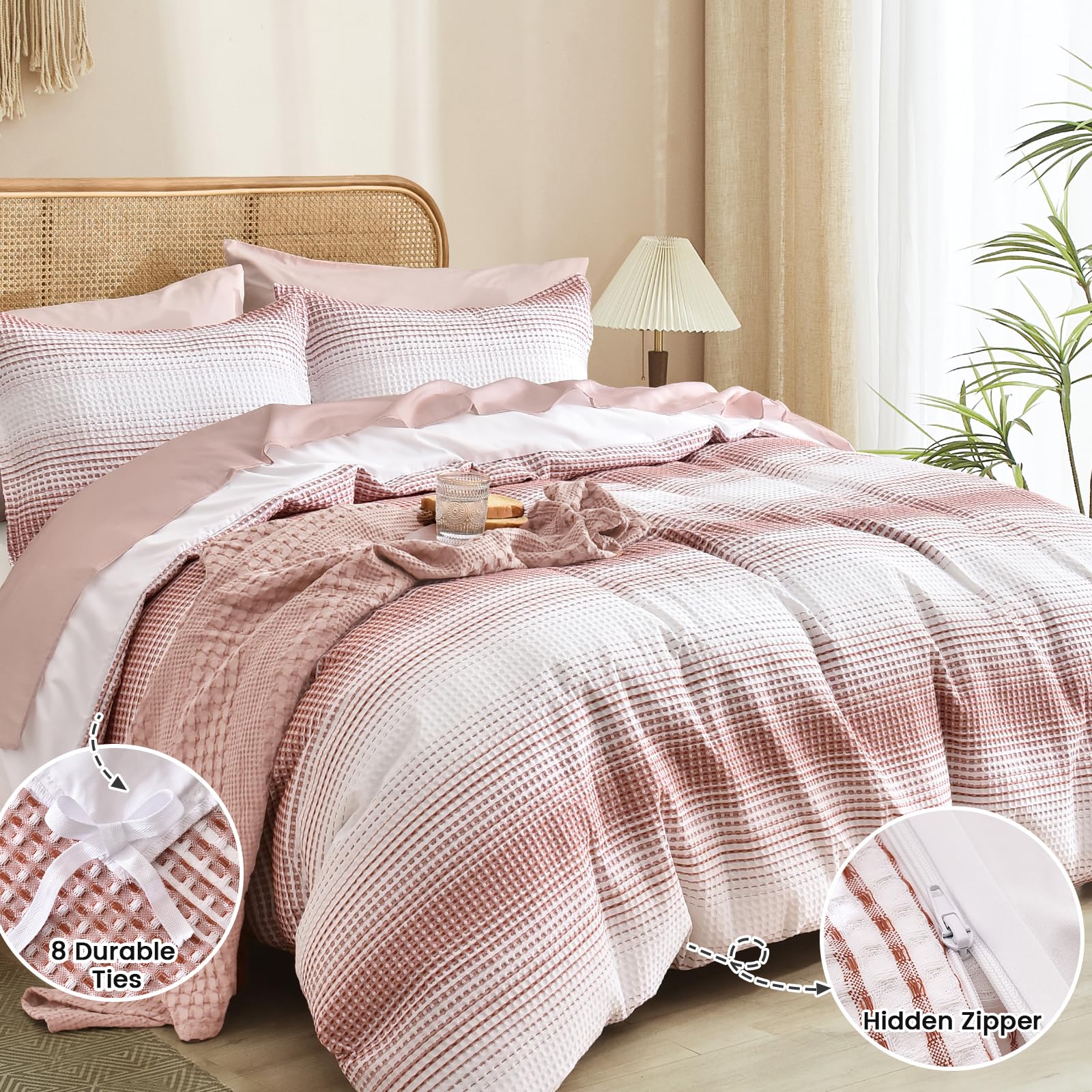 Phf Waffle Weave Duvet Cover Set King Size, Striped Yarn-Dyed Texture Soft Breathable Durable Comforter Cover For All Season, Duvet Cover With Pillow Shams Bedding Collection, 104'X90',White And Brick