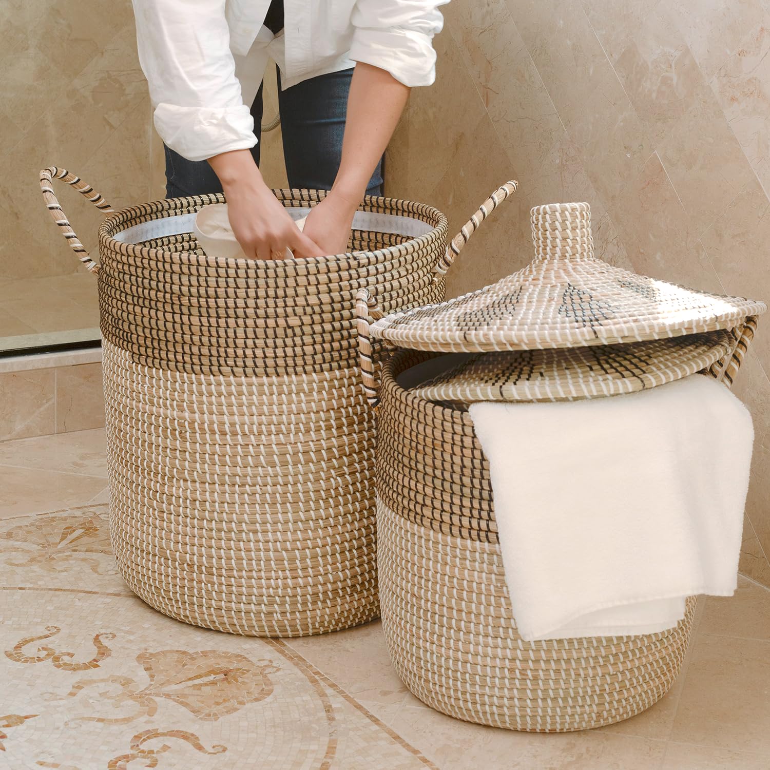 Double Gift Set Of 3 Laundry Baskets Hamper, 75L Seagrass Handwoven Storage Basket With Lid Handles, 100% Natural Vietnamese Wov