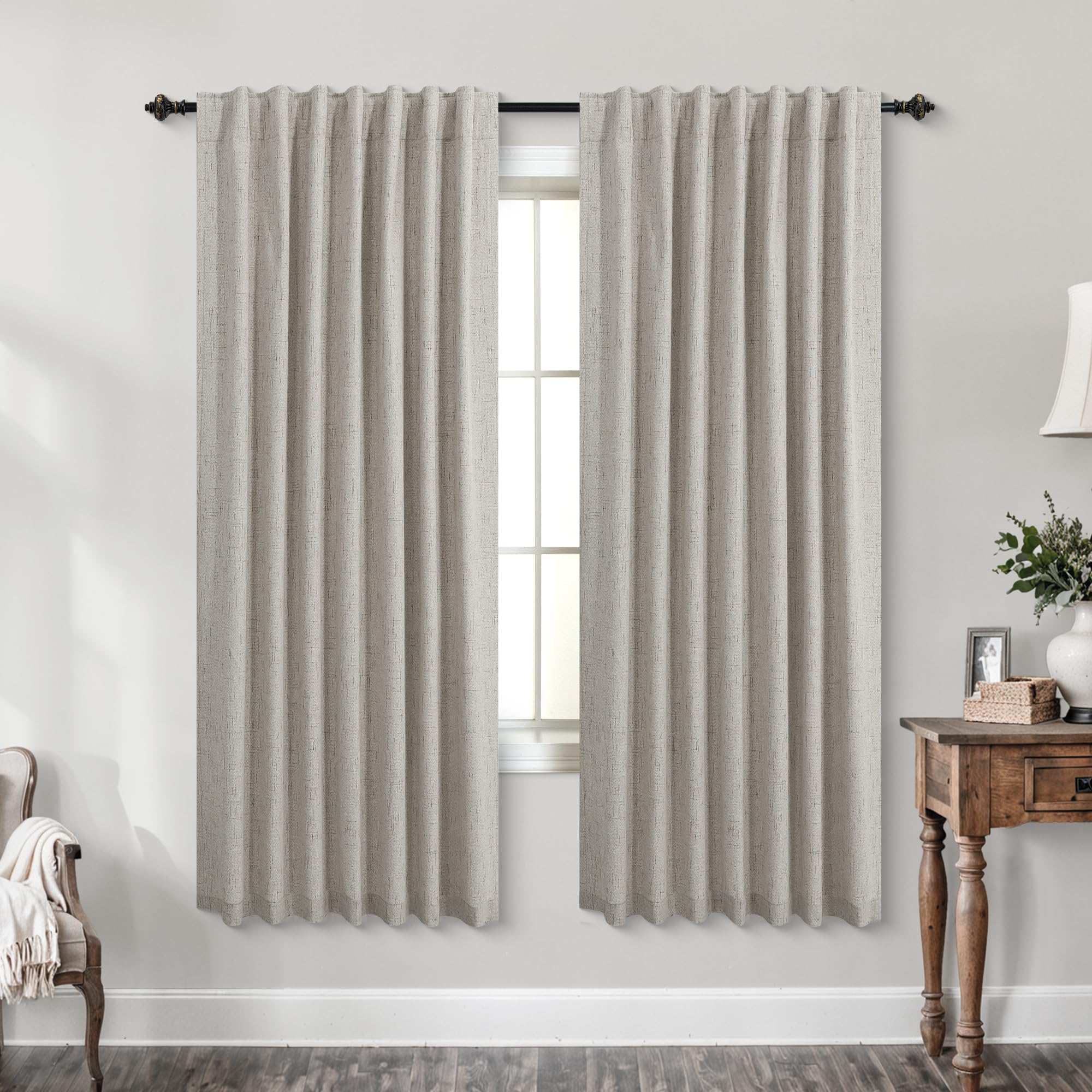Koufall Taupe Back Tab Linen Blackout Curtains For Living Room 52X63 Inches Long