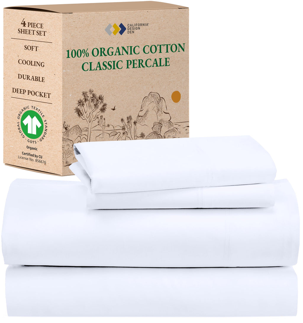 California Design Den Percale Full Size Sheet Sets, Deep Pocket 100% Organic Cotton Sheets, Gots Certified, Soft, Breathable & Cooling Sheets Full Size Bed, White Sheets