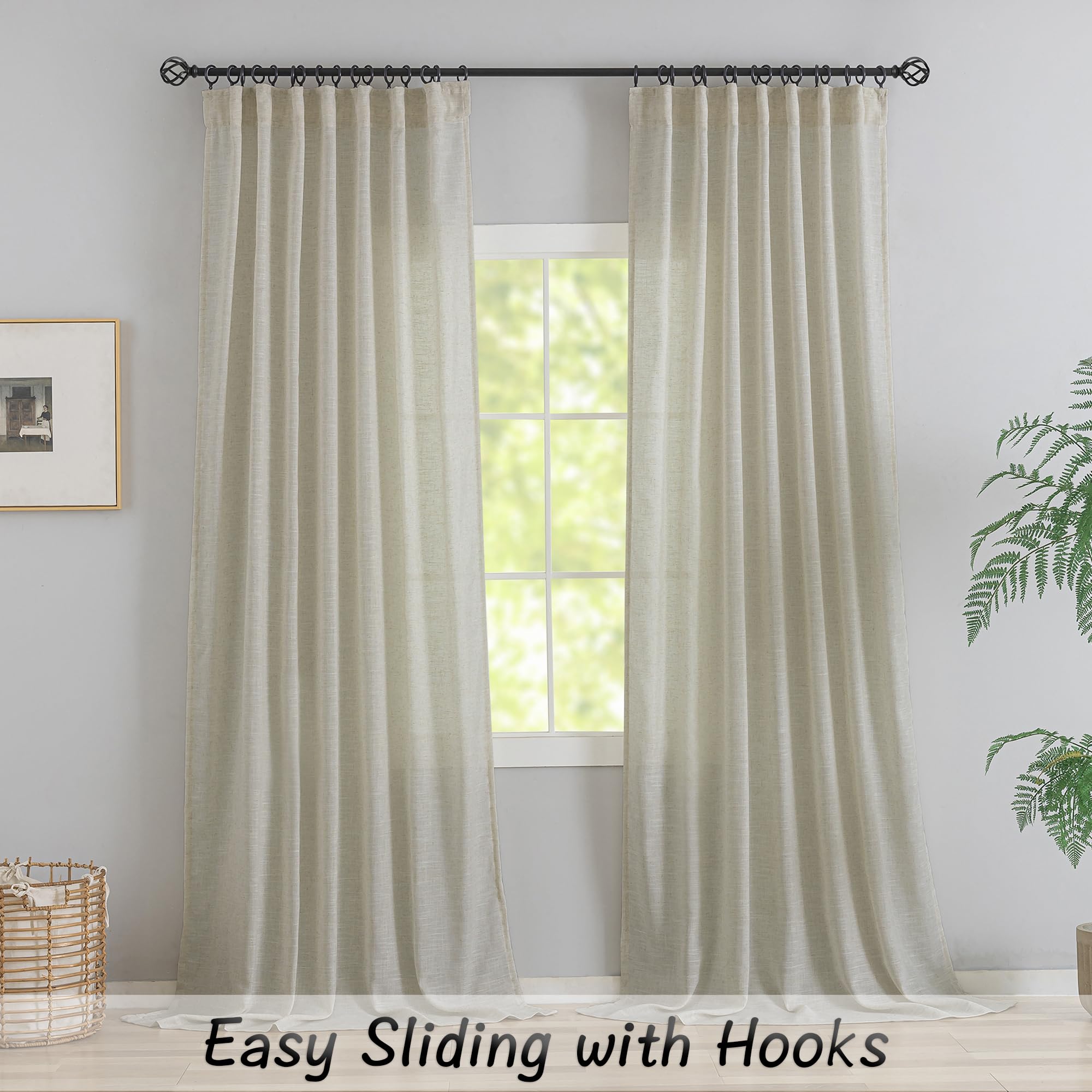 Flax Linen Curtains 72 Inch Length - Shabby Chic Rustic Farmhouse Decor Back Tab Loop Pocket Light Filtering Semi Sheer Soft Woven Textured Curtains For Reception Room,Beige Sand Set Of 2 Panels