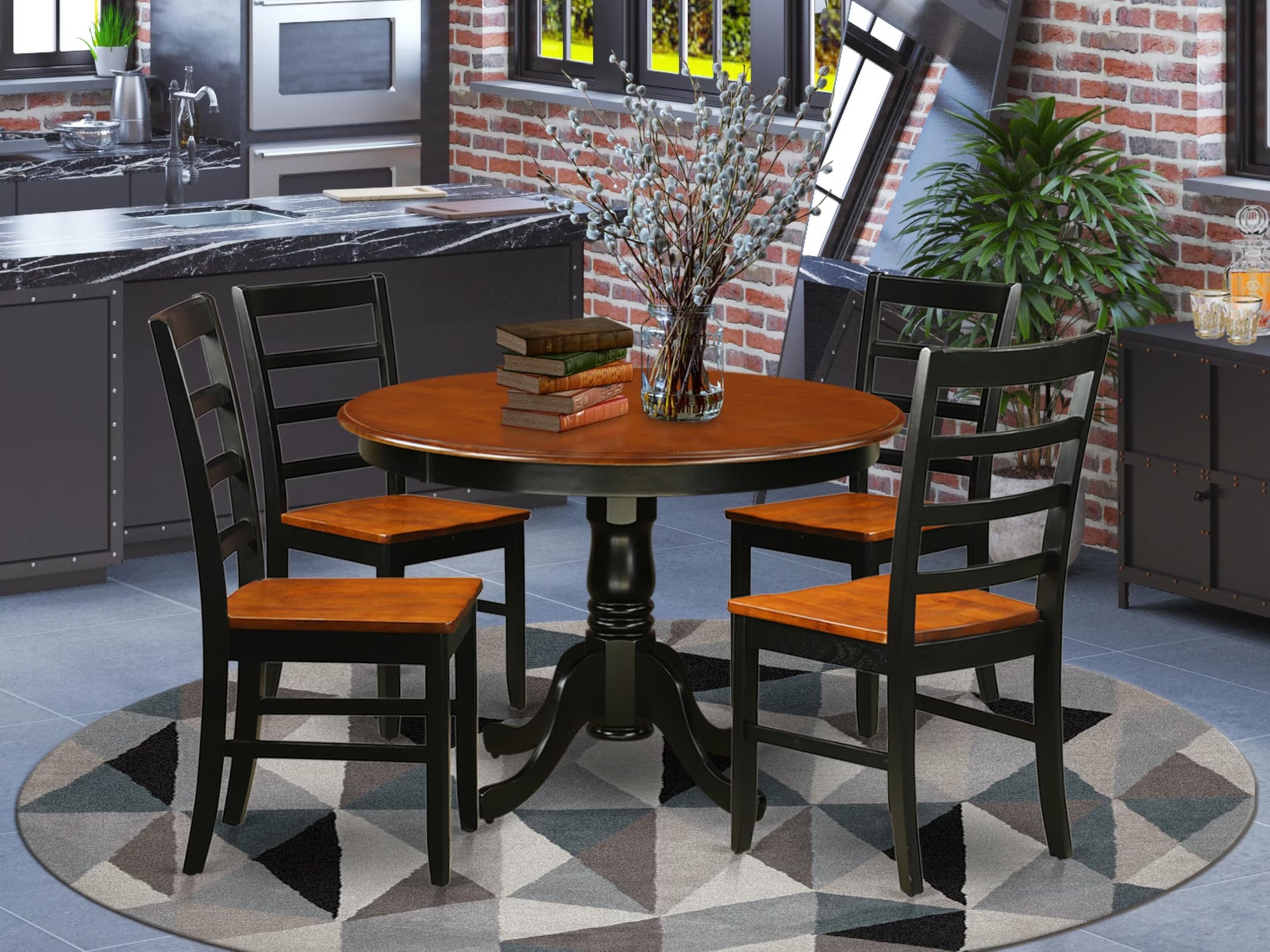 East West Furniture HLPF5-BCH-W 5 Piece Dining Room Furniture Set Includes a Round Dining Table with Pedestal and 4 Wood Seat Chairs, 42x42 Inch, Black & Cherry