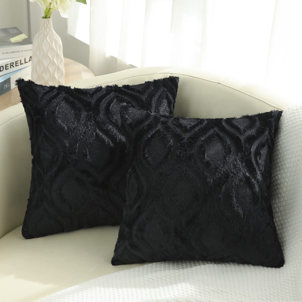 Decoruhome Decorative Throw Pillow Covers 16X16, Soft Plush Faux Wool Couch Pillow Covers For Home, Set Of 2, Black