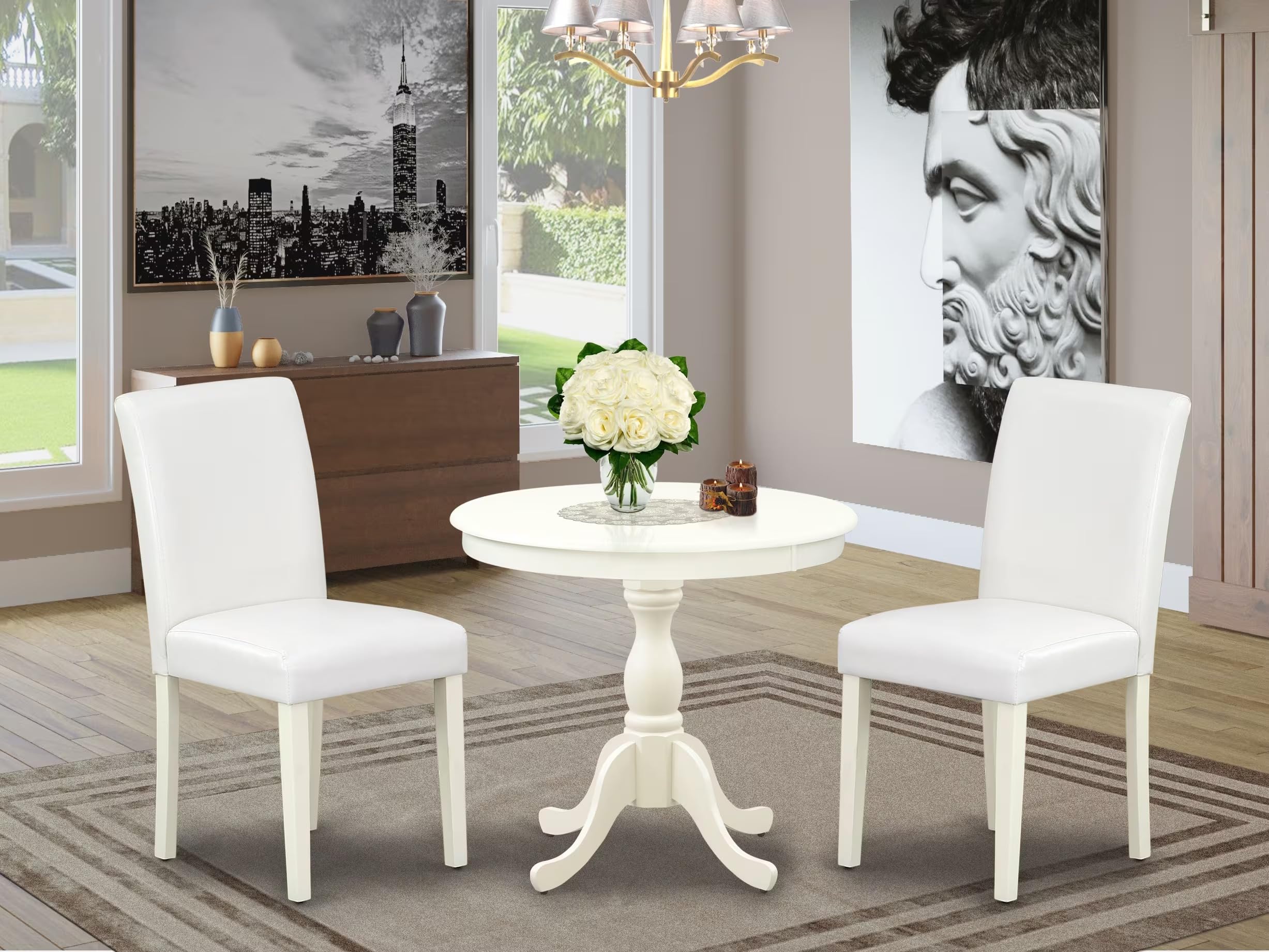 East West Furniture AMAB3-LWH-64 3 Piece Dining Room Furniture Set Contains a Round Kitchen Table with Pedestal and 2 White Faux Leather Parsons Dining Chairs, 36x36 Inch, Linen White