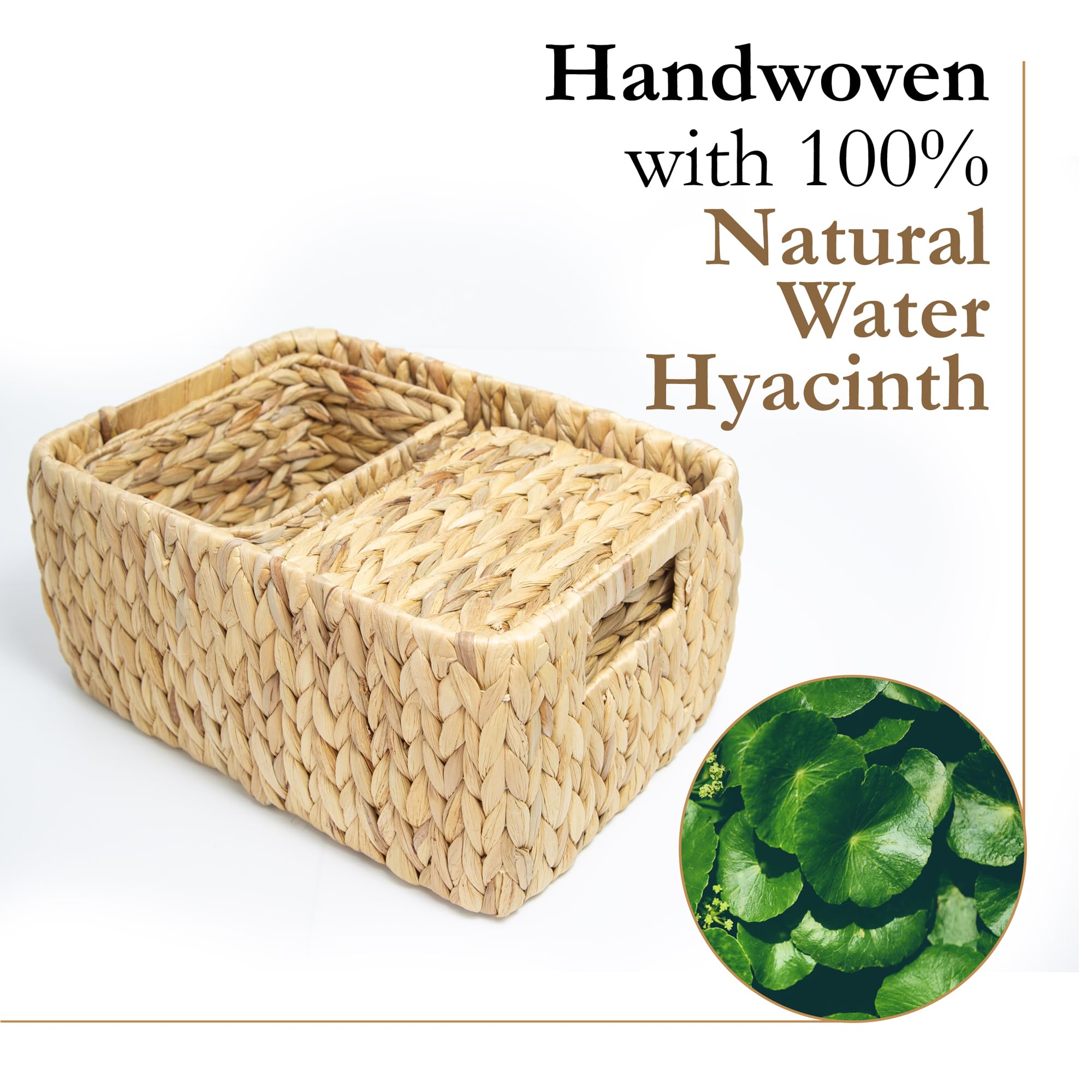 Homestead Water Hyacinth Storage Baskets, Rectangular Wicker Baskets For Bedroom, Living Room, Bathroom, Shelves - Set Of 3