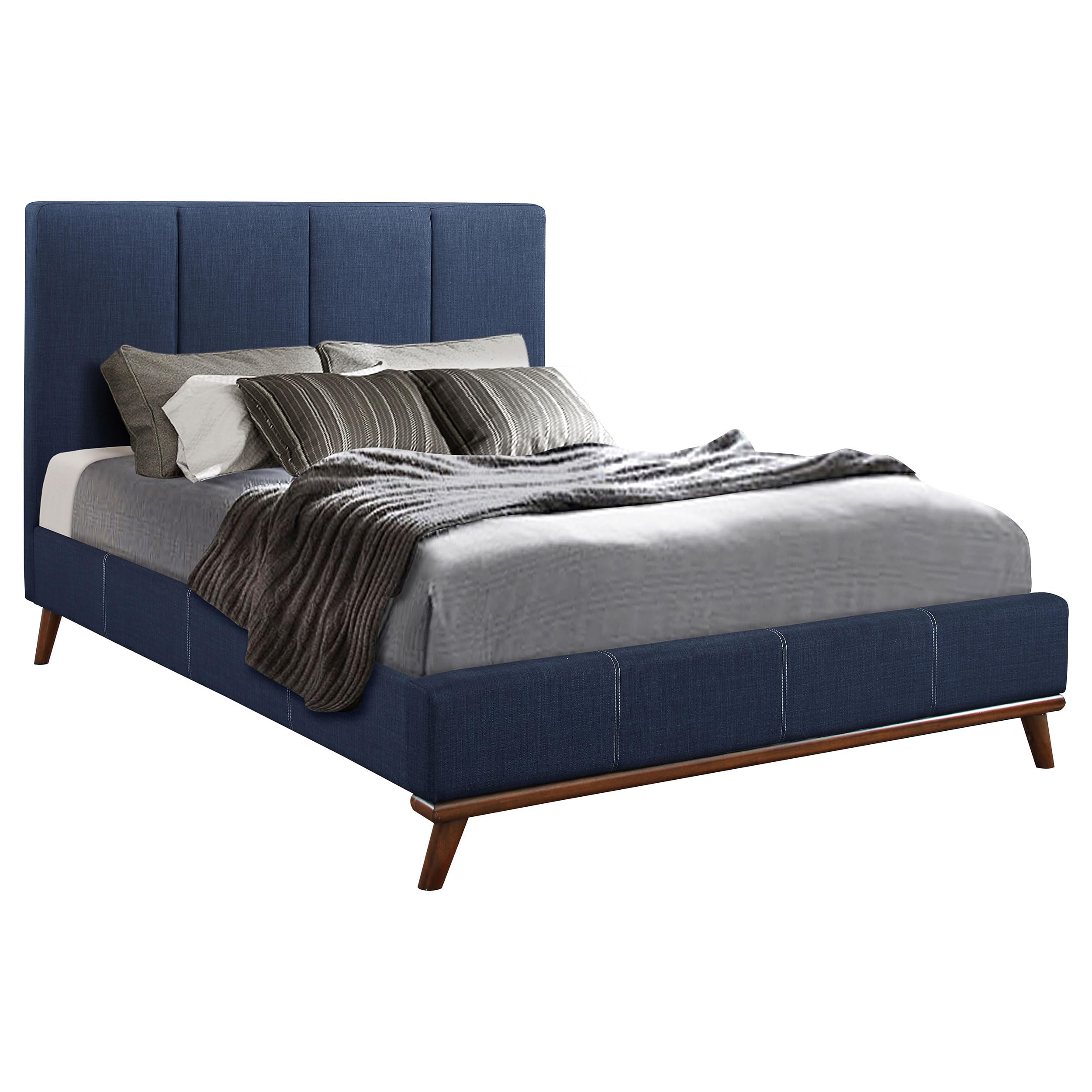 Coaster Home Furnishings Charity Mid-Century Modern Fabric Upholstered Queen Size Panel Bed Frame Platform Bed 49-inch Headboard Blue 300626Q