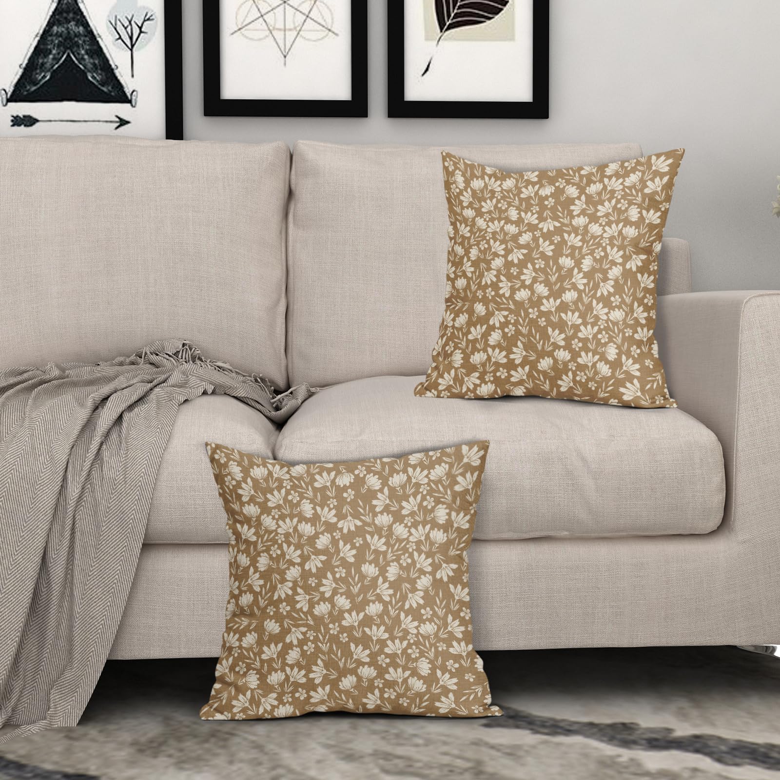 Aytipun Brown Pillow Covers 20X20 Set Of 2 Vintage Floral Rustic Old Style Cute Flower Print Decorative Outdoor Pillowcases Seas