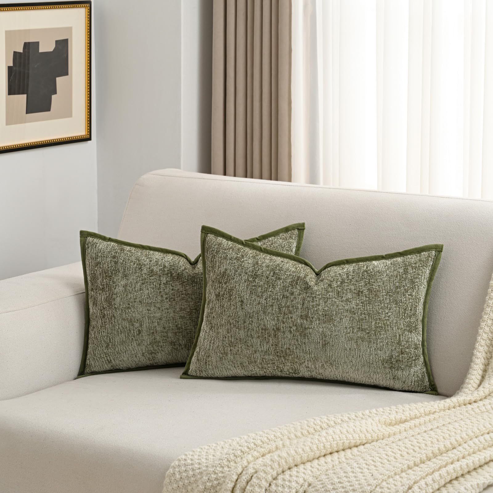 Futei Sage Green Chenille Throw Pillow Covers 12X20 Inch Set Of 2,Soft Velvet Lumbar Pillow Cases,Home Decor For Couch Bed Livin