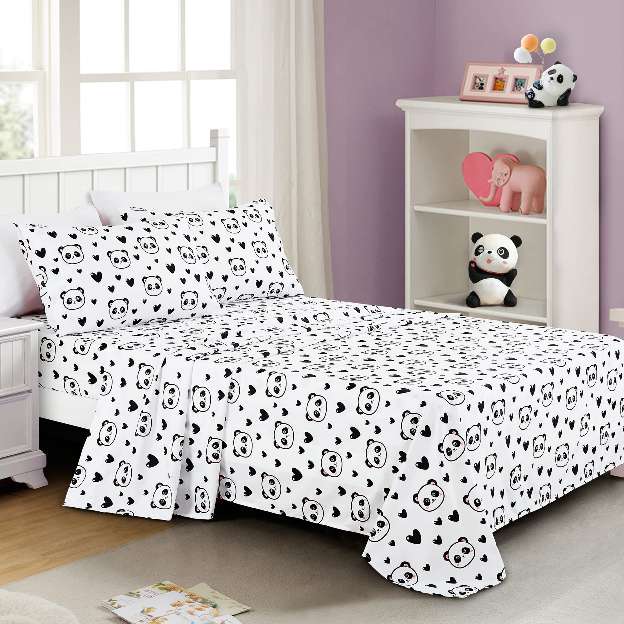 Chezmoi Collection 4-Piece Kids/Teens Panda Love Sheet Set - Soft Microfiber Black White Girls Printed Love Panda Hearts Whimsic