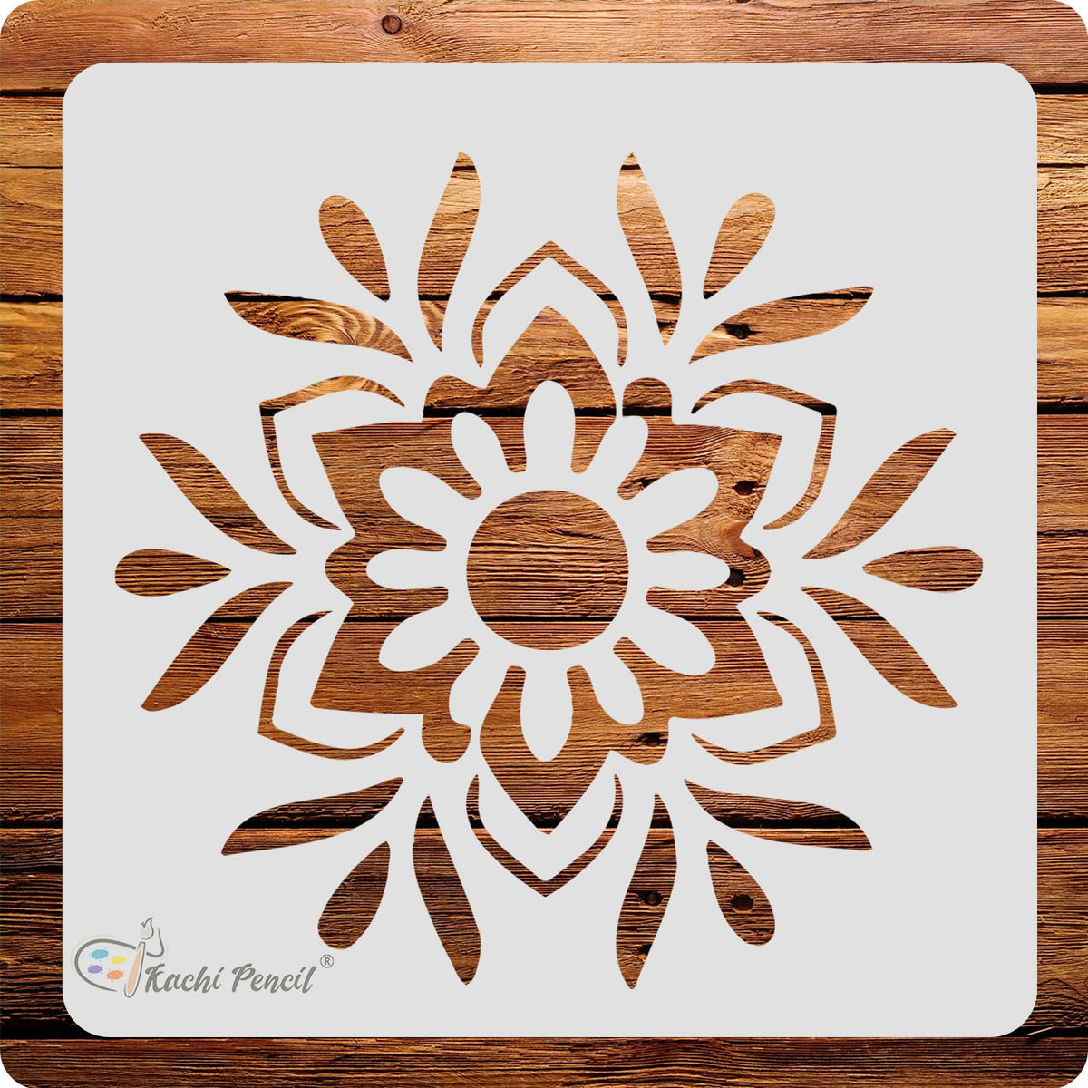 Kachi Pencil Mandala Floral Design Craft Stencil for Art and Painting, Size 6 x 6 inch Reusable Stencil for Painting, Fabric, Gl