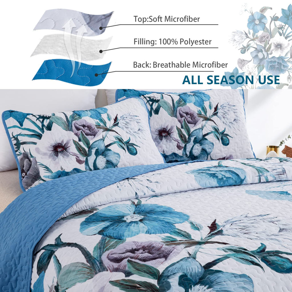 Drucon Floral Quilt Set King 3 Pieces Boho Blue Floral Quilt Coverlet Set Soft Microfiber Lightweight Blue Quilted Bedspread For
