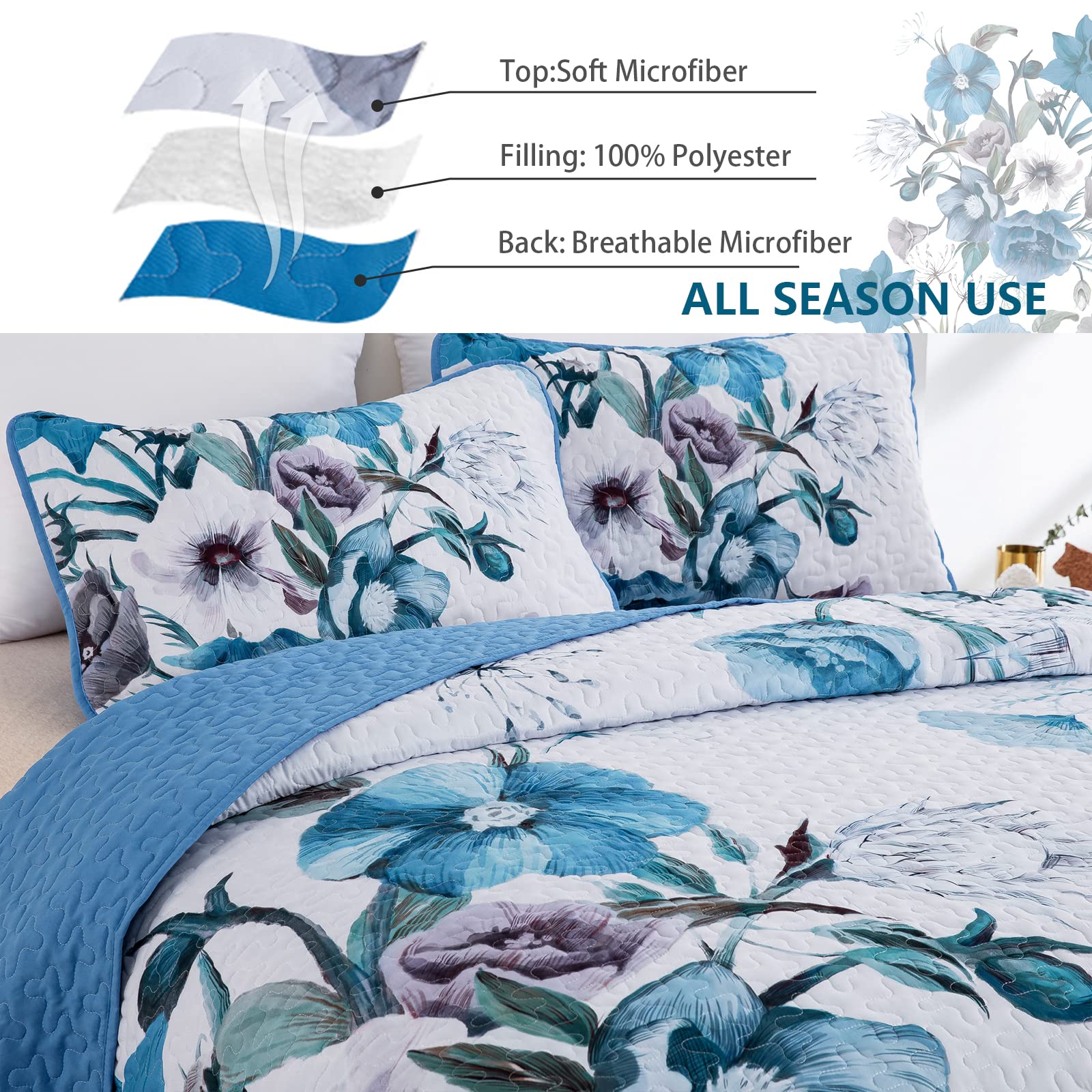 Drucon Floral Quilt Set King 3 Pieces Boho Blue Floral Quilt Coverlet Set Soft Microfiber Lightweight Blue Quilted Bedspread For