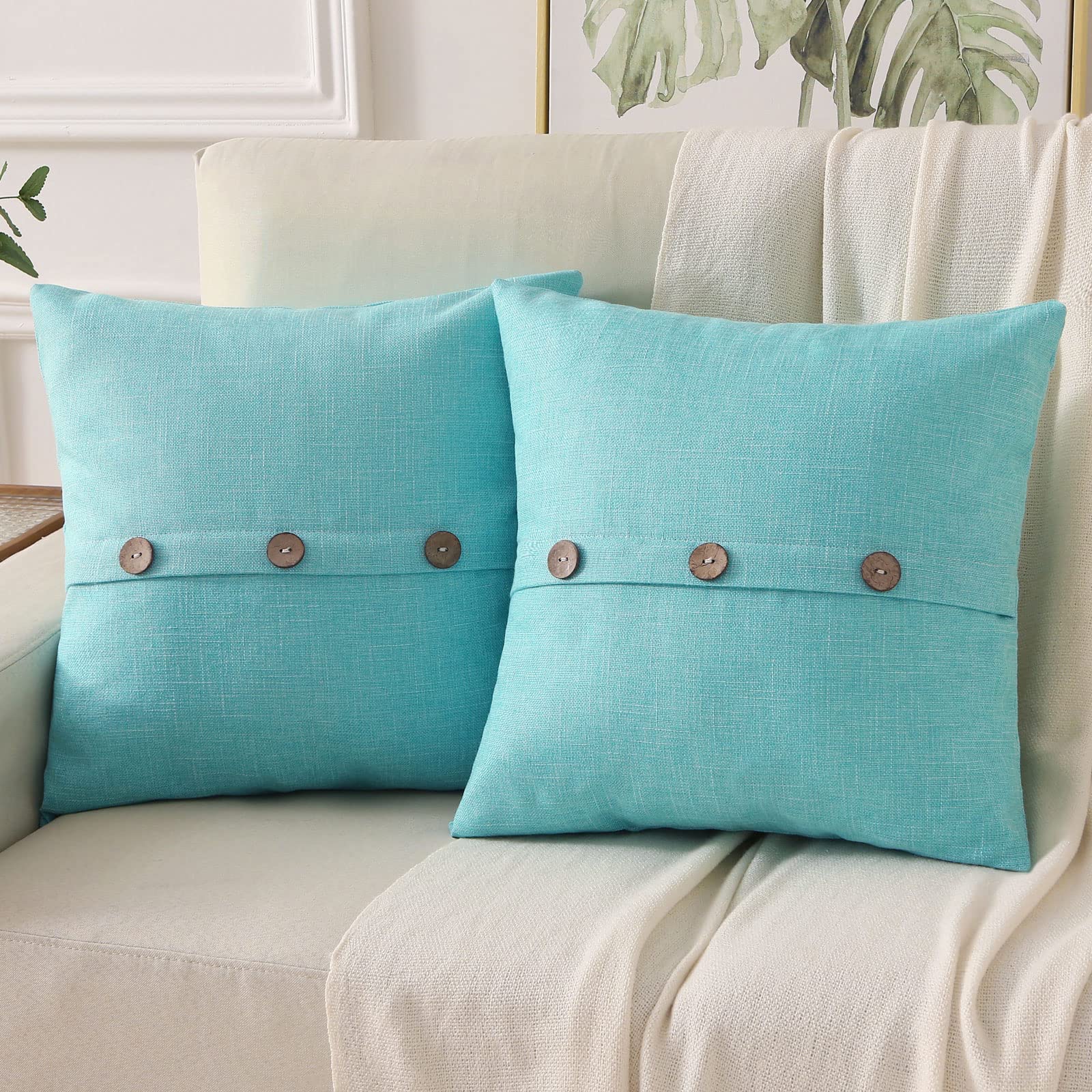 Haussy Turquoise Linen Decorative Throw Pillow Covers 20X20 Inch Set Of 2,Square Cushion Case With 3 Vintage Buttons,Modern Farm