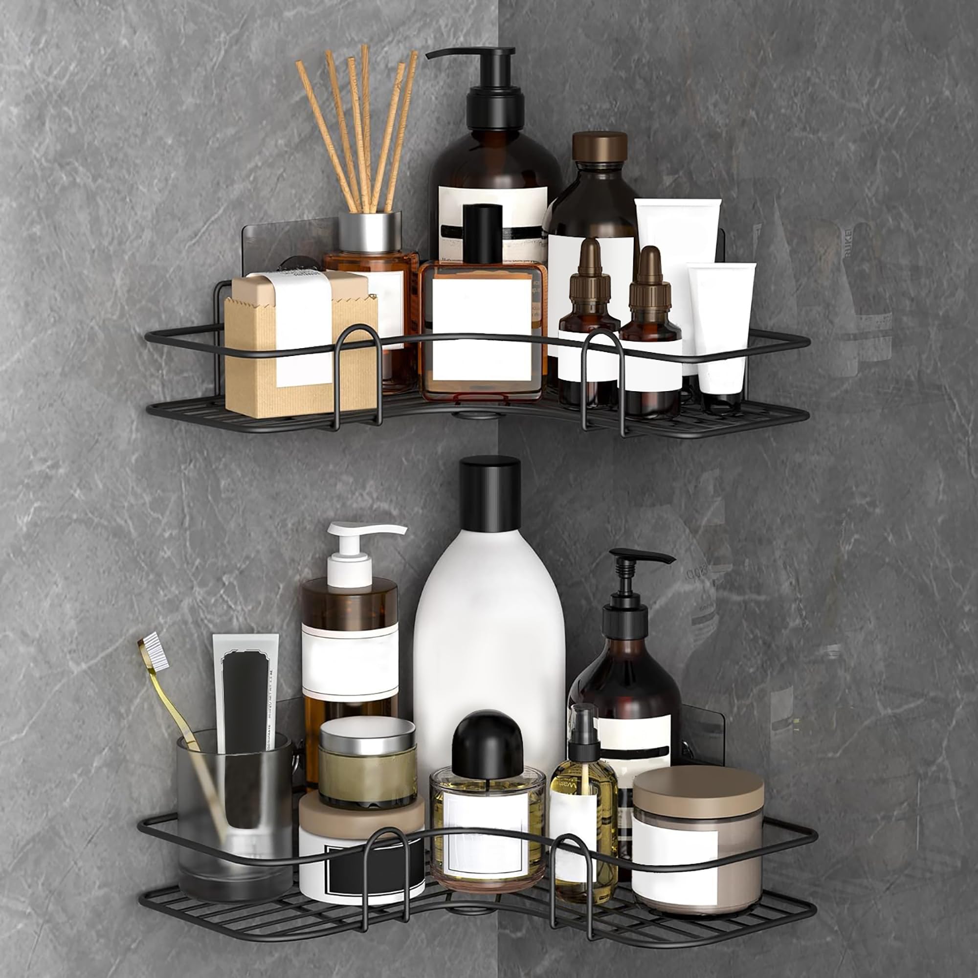 Mollishomes Bathroom Shelf Organizer With Magic Stickers | SelfAdhesive | Rectangular Shower Caddy Sleek Black Powder Coated 