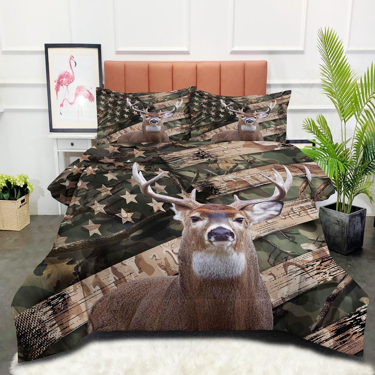 Ninenine Camo Deer Bedding Sets Full Size American Flag Comforter For Boys Adult Teens Western Theme Wildlife Forest Hunted Anim