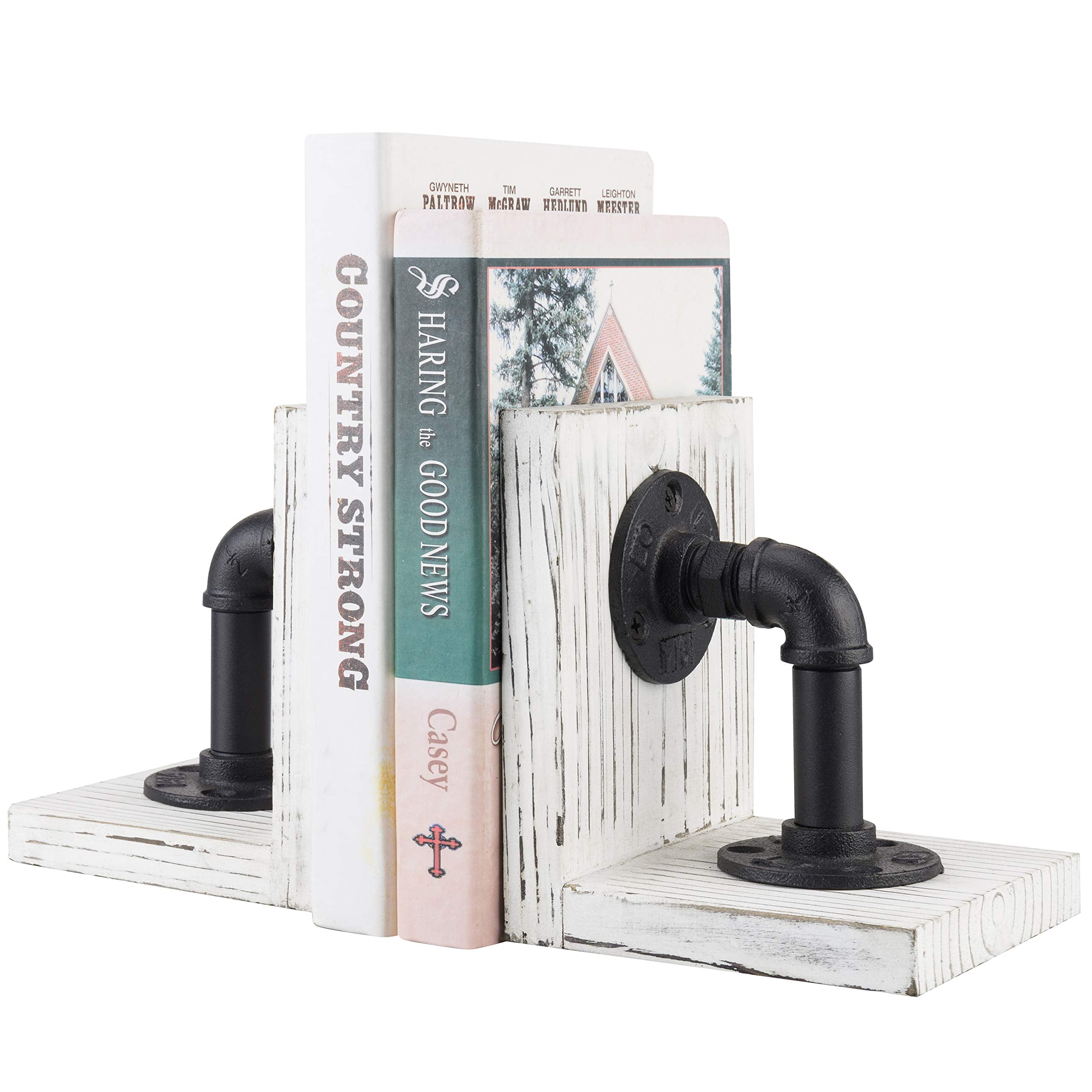 MyGift Whitewashed Solid Wood Bookends with Realistic Industrial Pipe Design, Decorative Office Bookends Shelf Decor Desk Book H