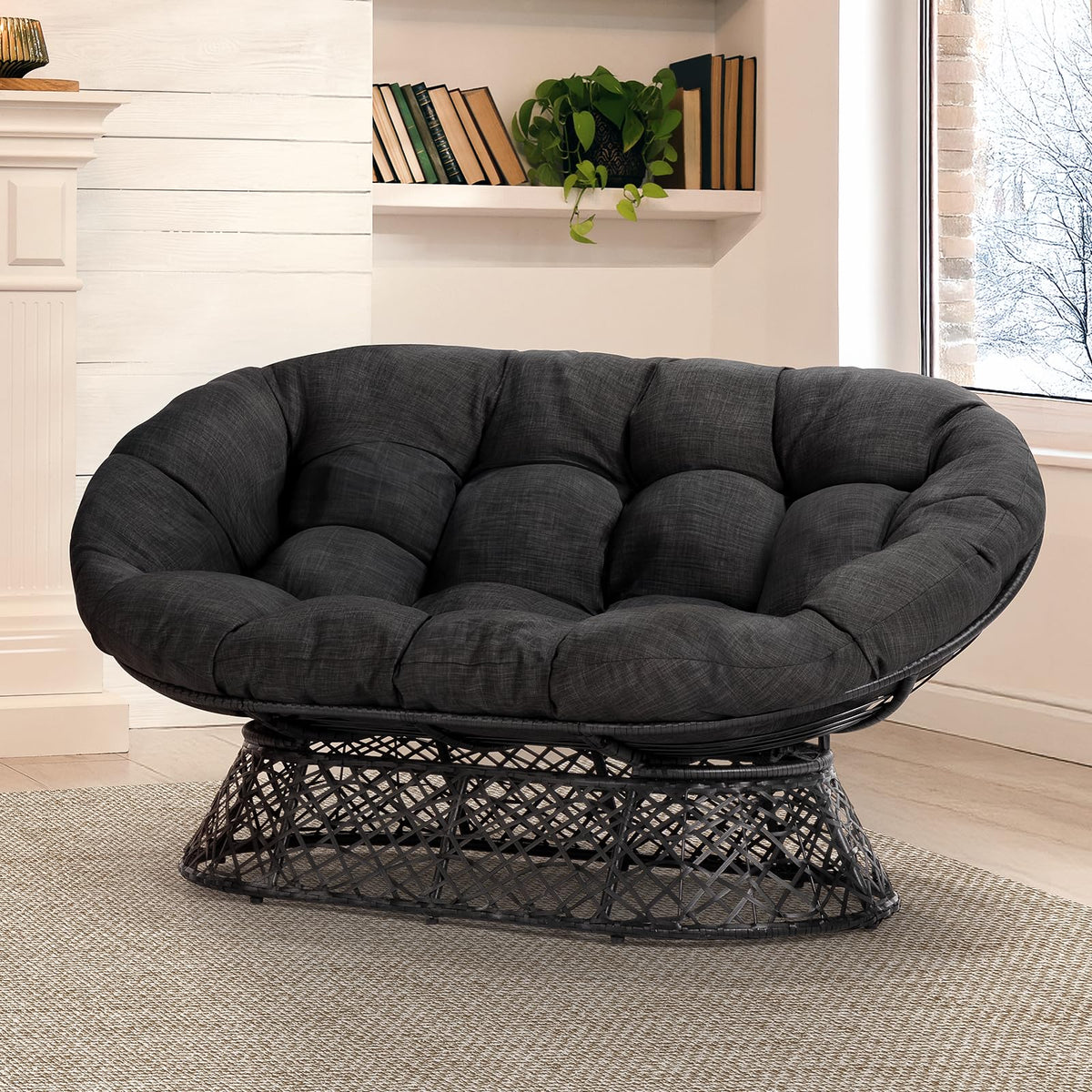 Bme 61' Capacity 600Lbs Double Papasan Ergonomic Wicker Papasan Chair With Soft Thick Density Fabric Cushion, High Capacity Ste