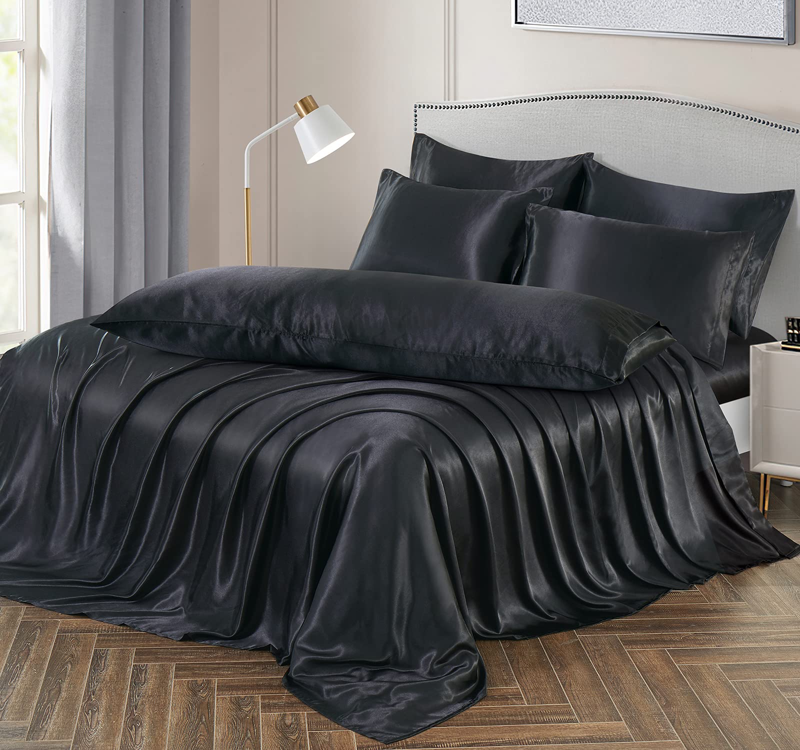 Ersmak 7 Pieces Satin Sheets Set King Size, Luxury Silky Black Satin Bed Sheets Set With 1 Deep Pocket Fitted Sheet, 1 Soft Flat