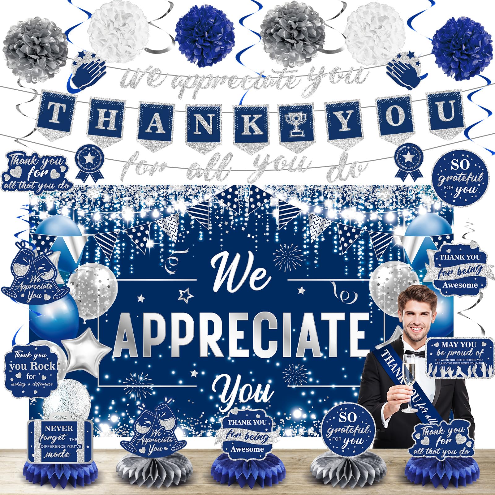 We Appreciate You Banner Decorations Blue Silver Thank You For All You Do Banner Honeycomb Centerpiece Hanging Swirl Employee St