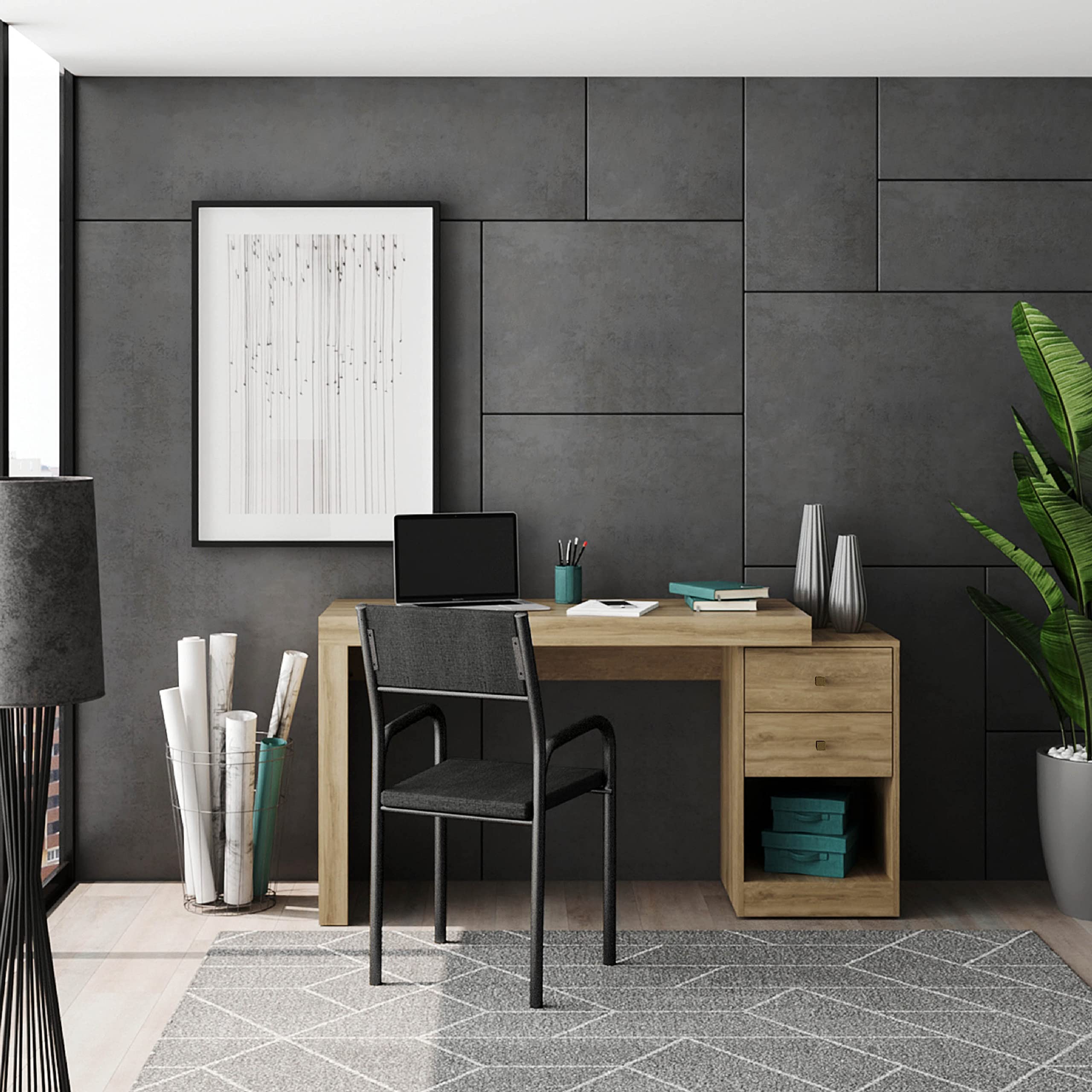 Techni Mobili Expandable Desk With Storage Drawers & Open Shelf - Expands From 47 Inch To 57 Inch - Pine Computer Desk With Printer Space - Modern Home Office Table With Drawers Blanco Collection