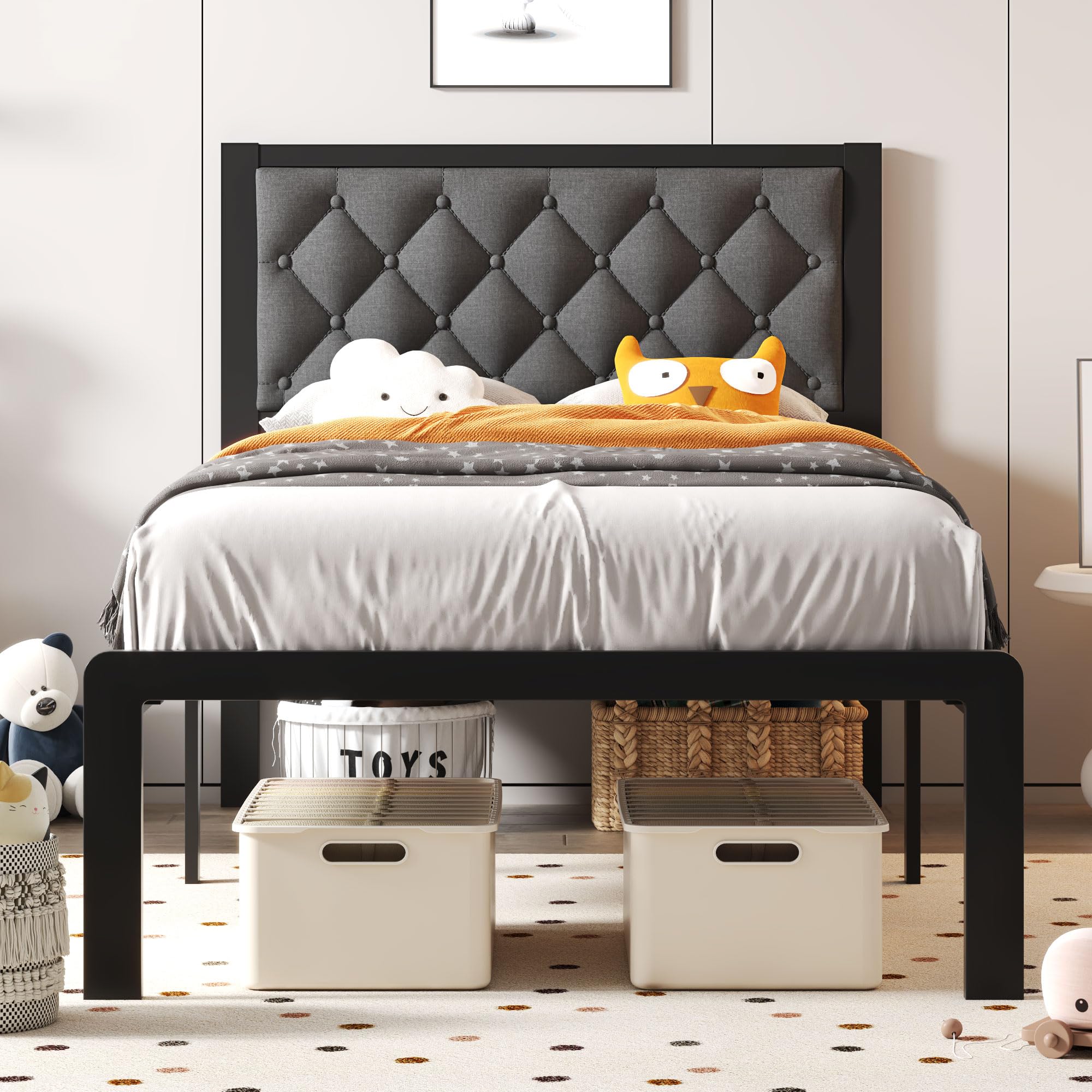 Fluest Twin Bed Frame With Headboard Linen Upholstered Bed Frame Platform,All Metal Slats Support Platform Bed Frame With Storage Space,Easy Assembly,Noise Free,No Box Spring Needed,Grey