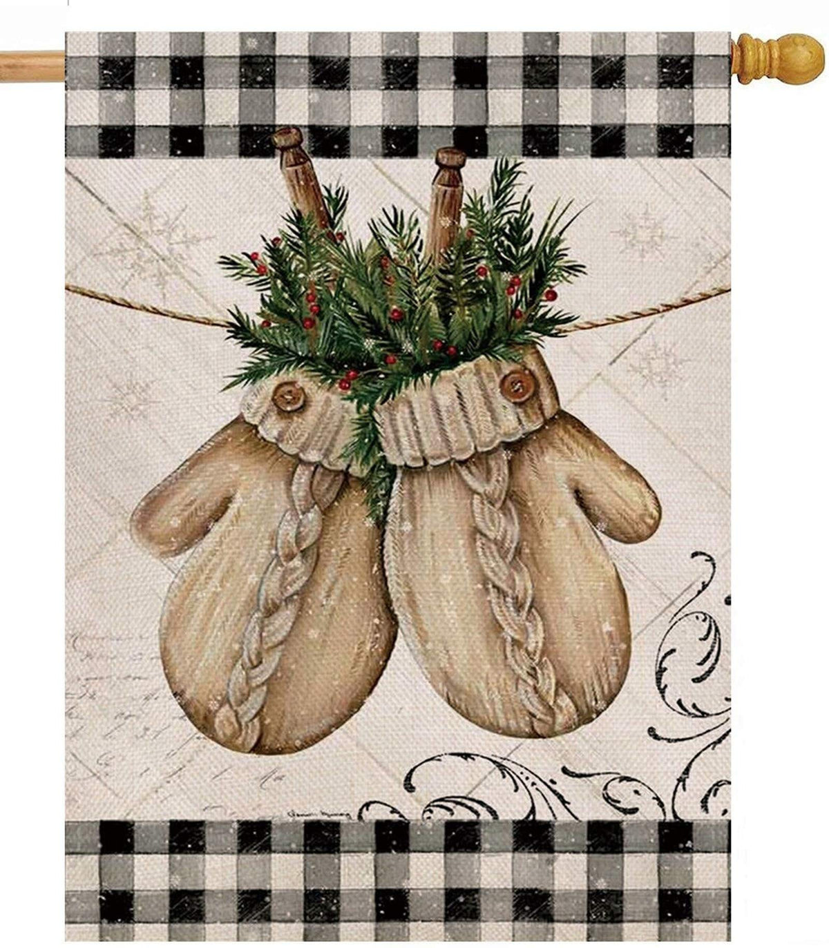 Hzppyz Winter Gloves Home Decorative House Flag Buffalo Plaid Check Farmhouse Garden Yard Outdoor Large Burlap Flag Sign Christm