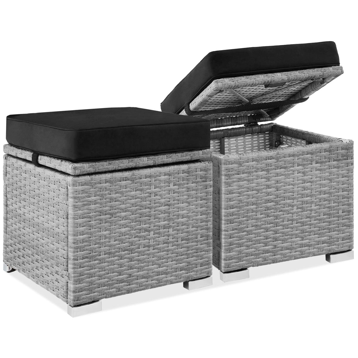 Best Choice Products Set Of 2 Wicker Ottomans, Multipurpose Outdoor Furniture For Patio, Backyard, Additional Seating, Footrest, Side Table W/Storage, Removable Cushions - Gray/Black