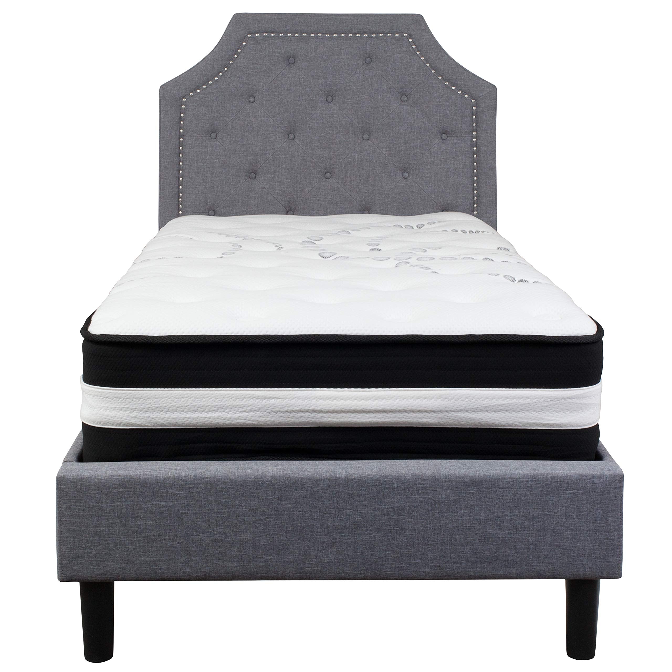 Flash Furniture Brighton Twin Size Tufted Upholstered Platform Bed In Light Gray Fabric With Pocket Spring Mattress
