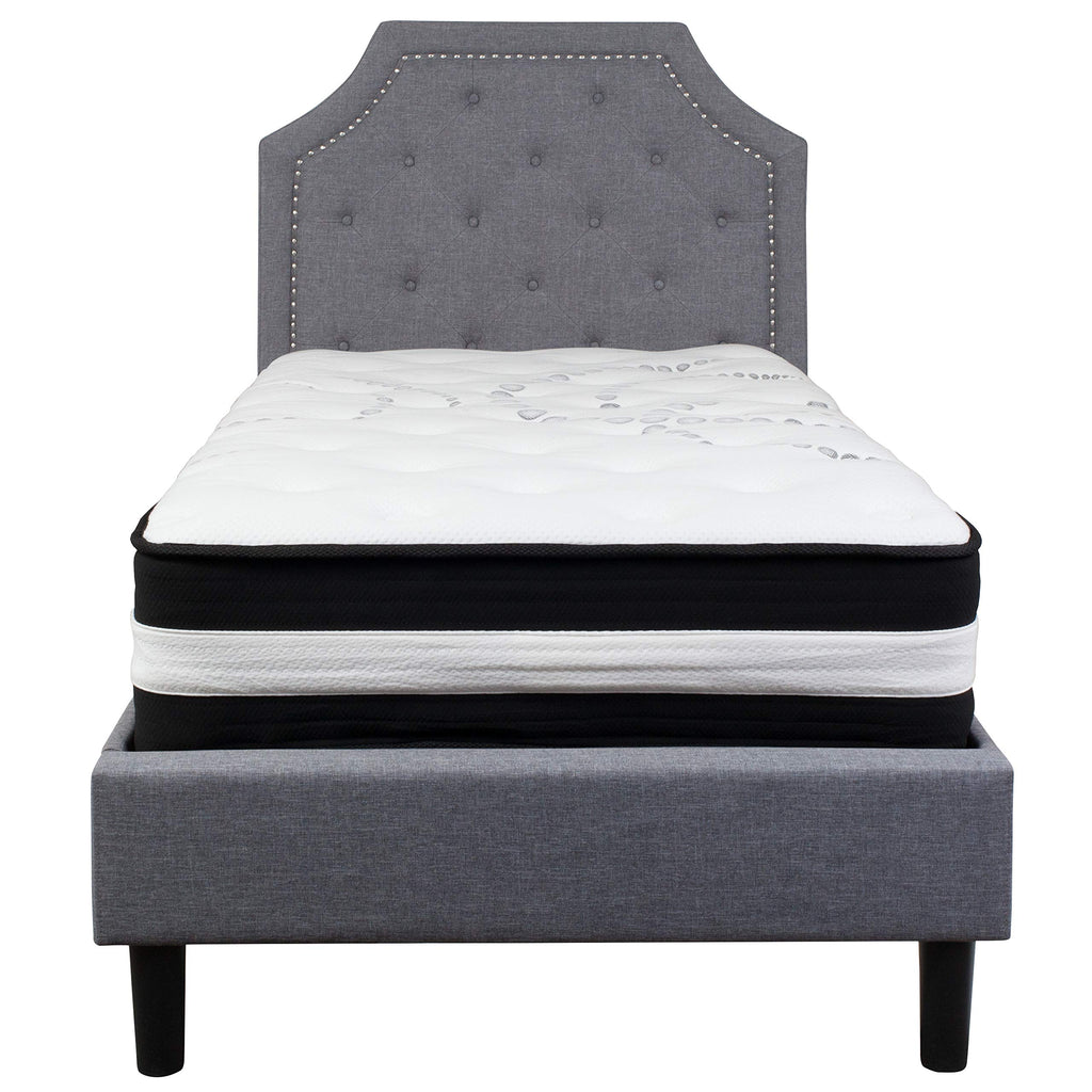 Flash Furniture Brighton Twin Size Tufted Upholstered Platform Bed In Light Gray Fabric With Pocket Spring Mattress