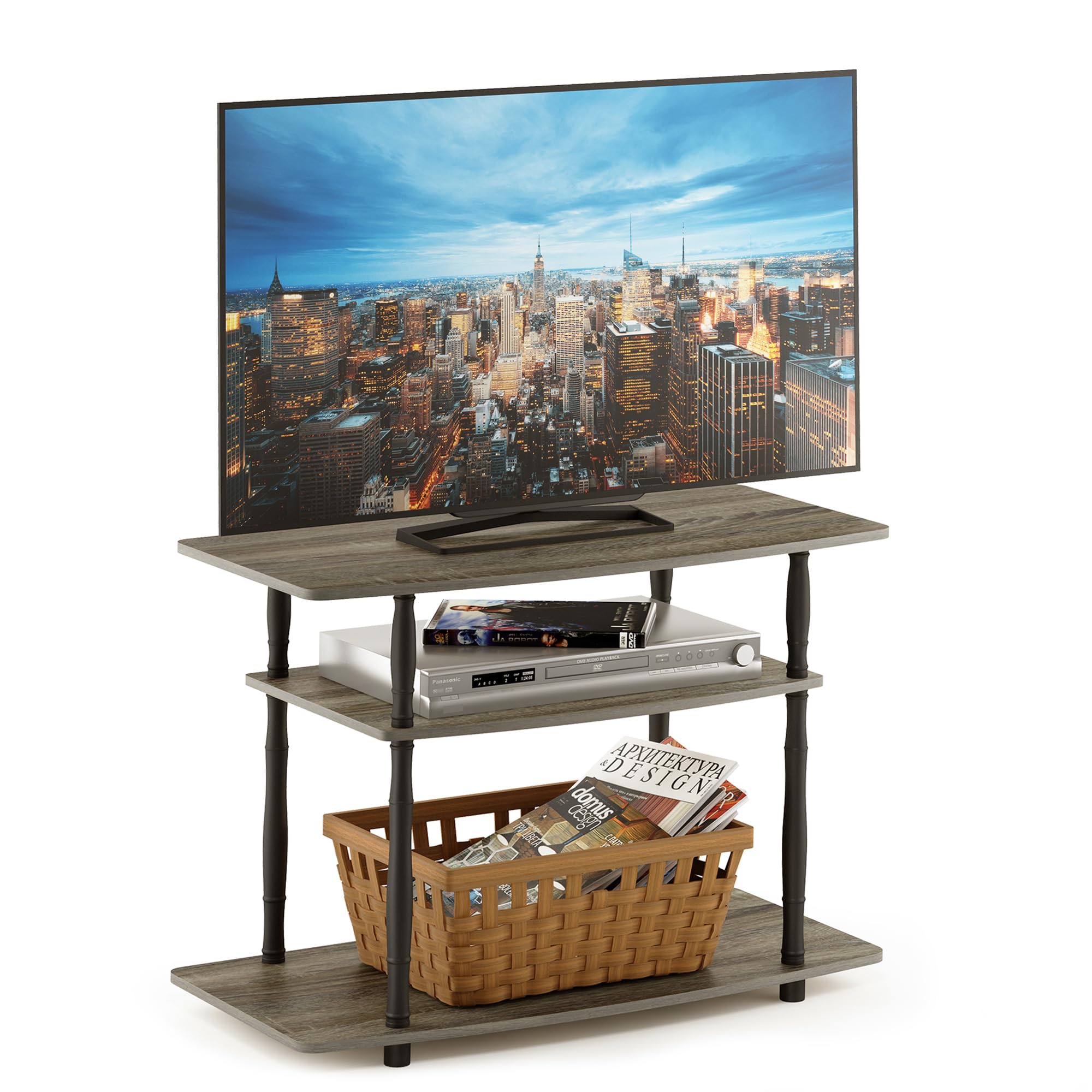 Furinno Turn-N-Tube No Tools 3-Tier Entertainment Center Tv Stand For Tv Up To 32 Inch, Plastic Classic Tubes, French Oak Grey/Black