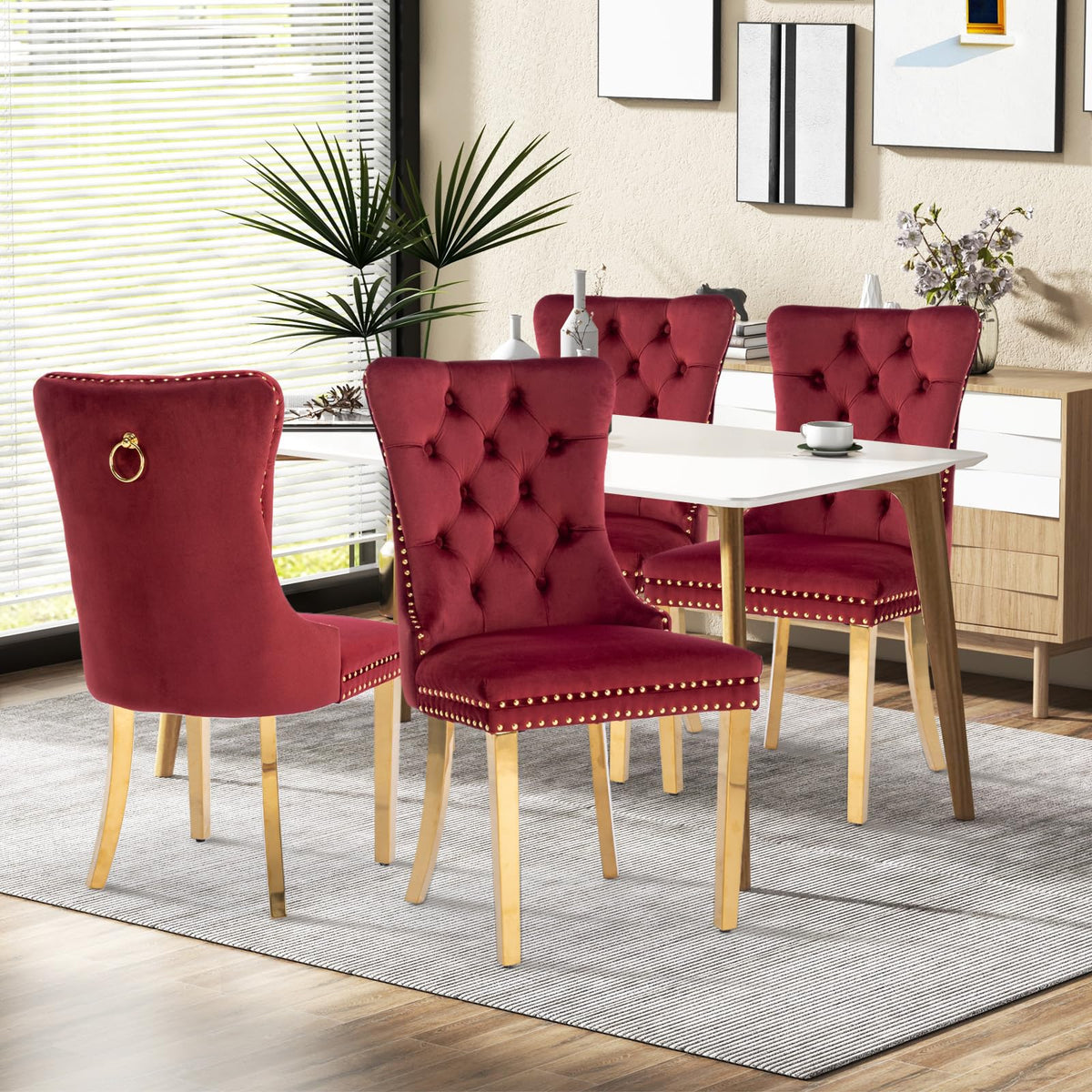 Vicbarley Velvet Dining Chair Set Of 4 Upholstered Tufted Dining Room Chair With Nailhead Trim And Stainless Steel Golden Plated