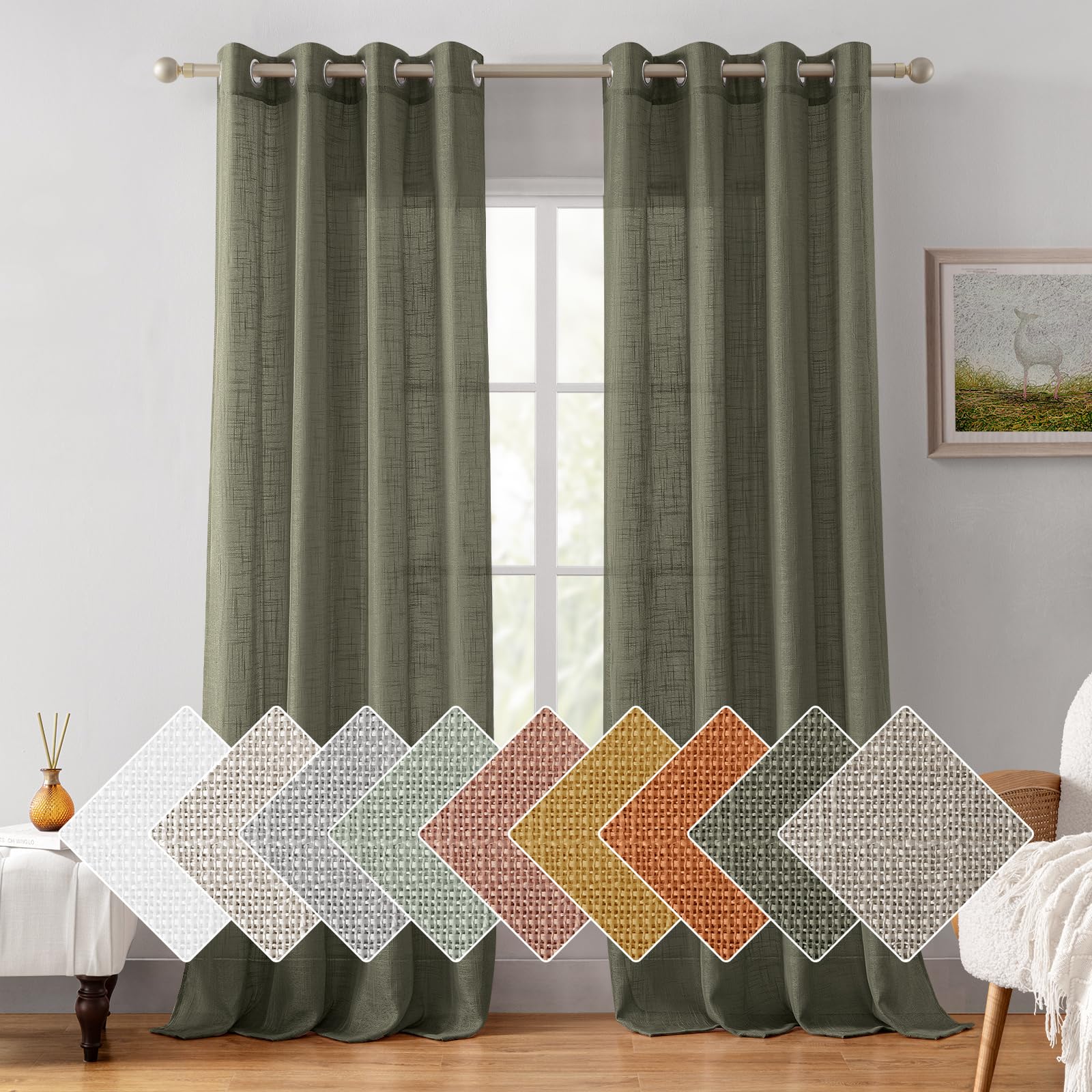 HOMEIDEAS Olive Green Linen Sheer Curtains 84 Inches Long 2 Panels Textured Semi Sheer Curtains Farmhouse Curtains Sheer Privacy