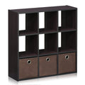 Furinno Simplistic 9-Cube Organizer with Bins, Small Size (Assembled Unit Dimensions : 7.9"D x 26.5"W x 26.7"H Inches), Dark Walnut