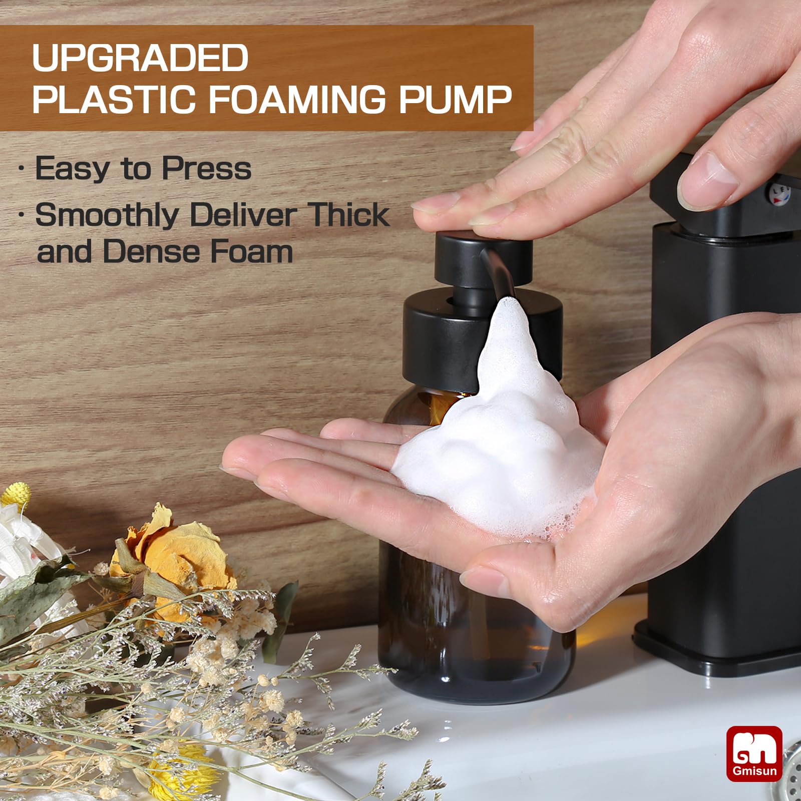 Gmisun Foaming Soap Dispenser, 8.5 Oz Amber Glass Foam Soap Dispenser For Bathroom & Kitchen, 2 Pack Modern Refillable Foaming H