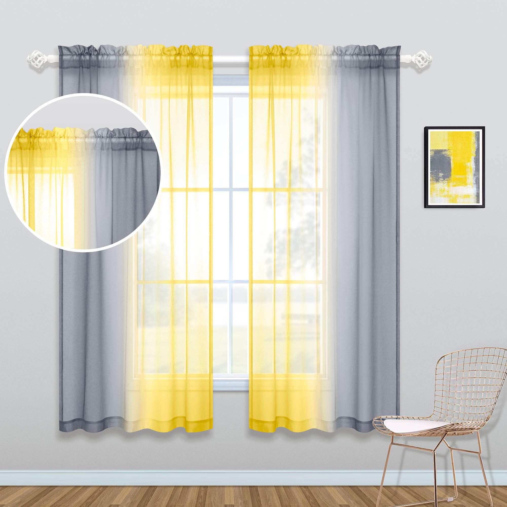 Koufall Yellow Sheer Curtains 63 Inch Length For Bedroom 2 Panel Sets Rod Pocket Ombre Sunflower Themed Yellow And Gray Curtains