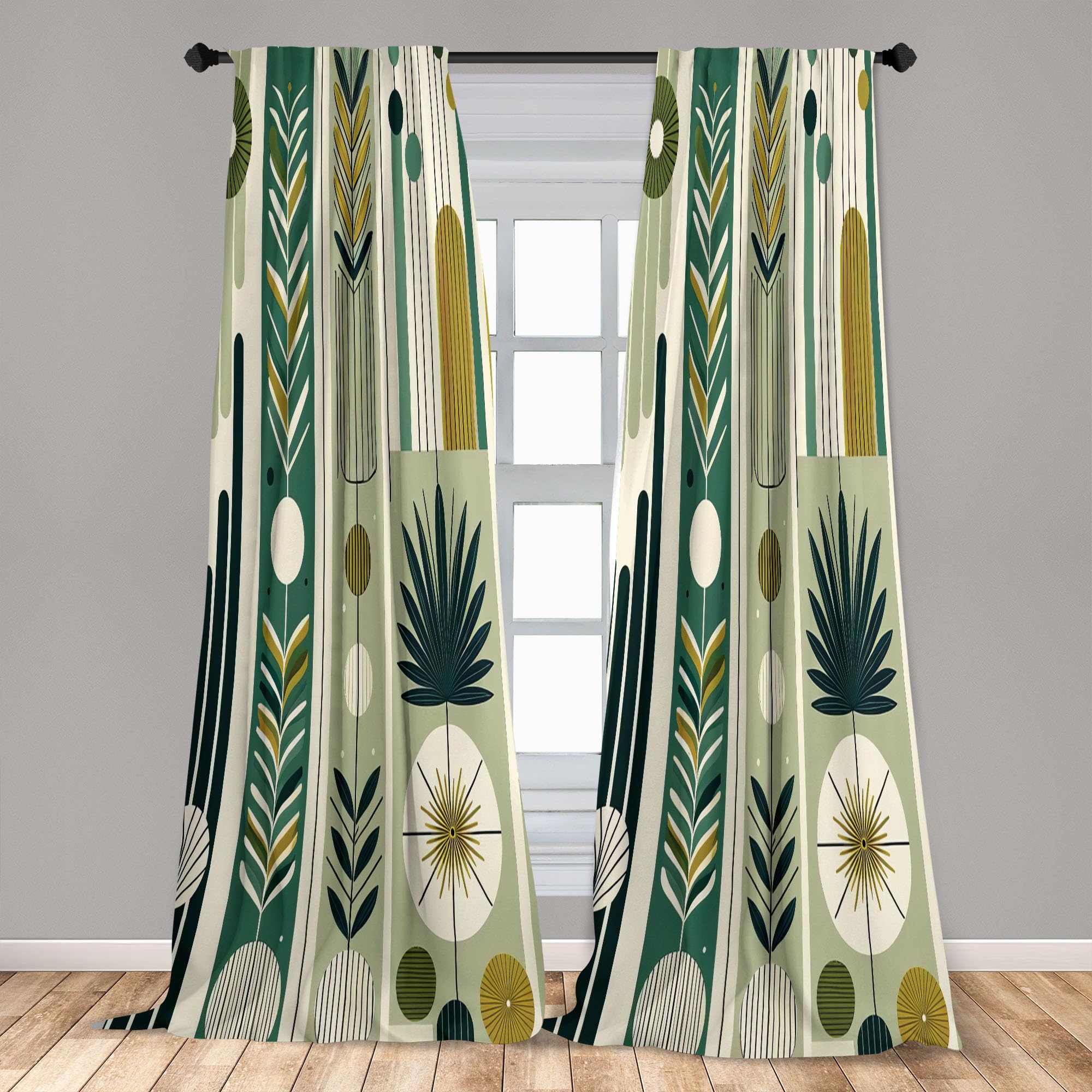 Ambesonne Mid Century Modern Curtains, Abstract Circles Leaves And Stripes In Nature Color Palette, Window Treatments 2 Panel Se