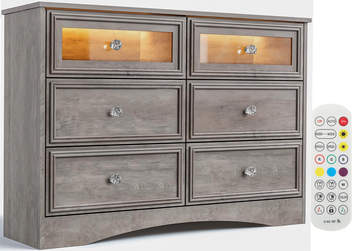 Modern 6 Drawer Dresser with Strip Lights, Dressers for Bedroom, Chest of Drawers Closet Organizers and Storage Clothes - Easy P
