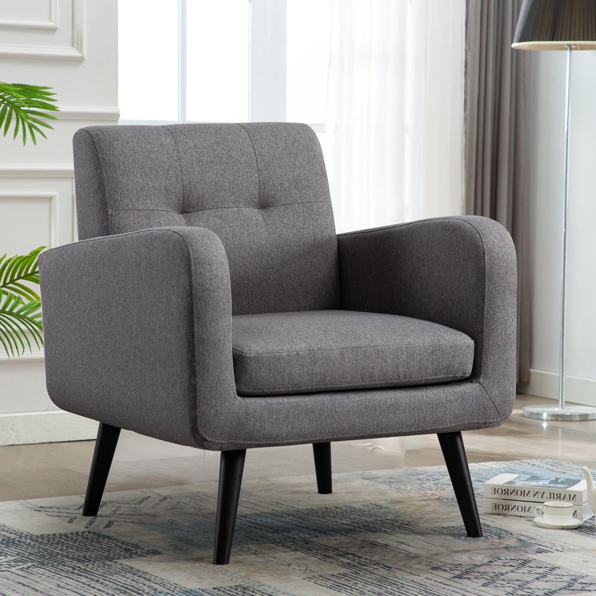 Lsspaid Modern Accent Chairs, Upholstered Fabric Cozy Armchairs, Living Room Side Chair With Solid Wood Legs, Gray